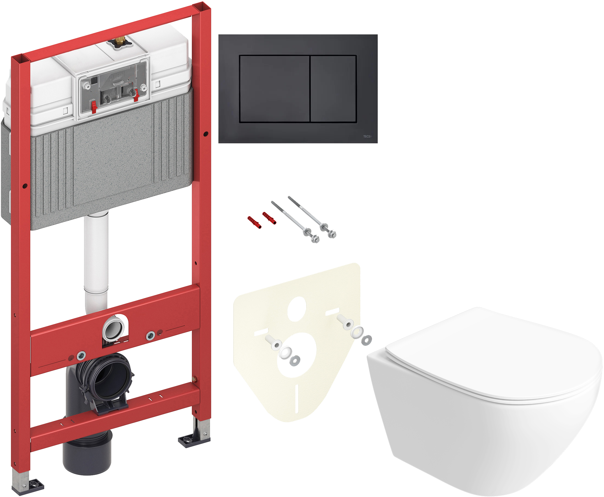 Комплект 6 в 1: Инсталляция TECE Now 9400414 + Унитаз подвесной Кронборг S28401WH безободковый + Сиденье с микролифтом + Кнопка матовая черная + Комплект шумоизоляции, креплений
