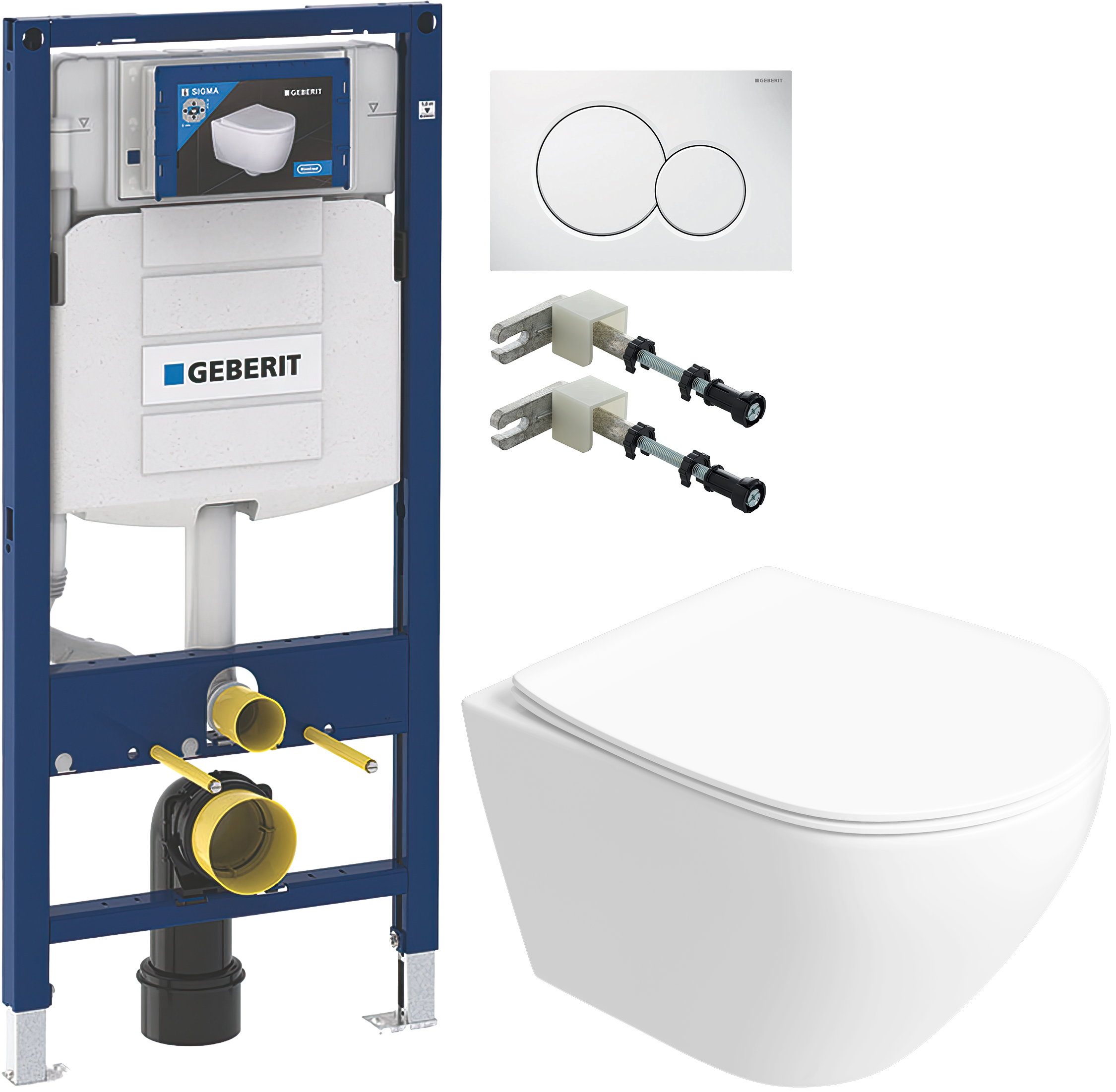 Комплект 4 в 1: Инсталляция Geberit Duofix UP 320 111.300.00.5 + Унитаз подвесной Кронборг S28401WH безободковый + Сиденье с микролифтом + Крепления