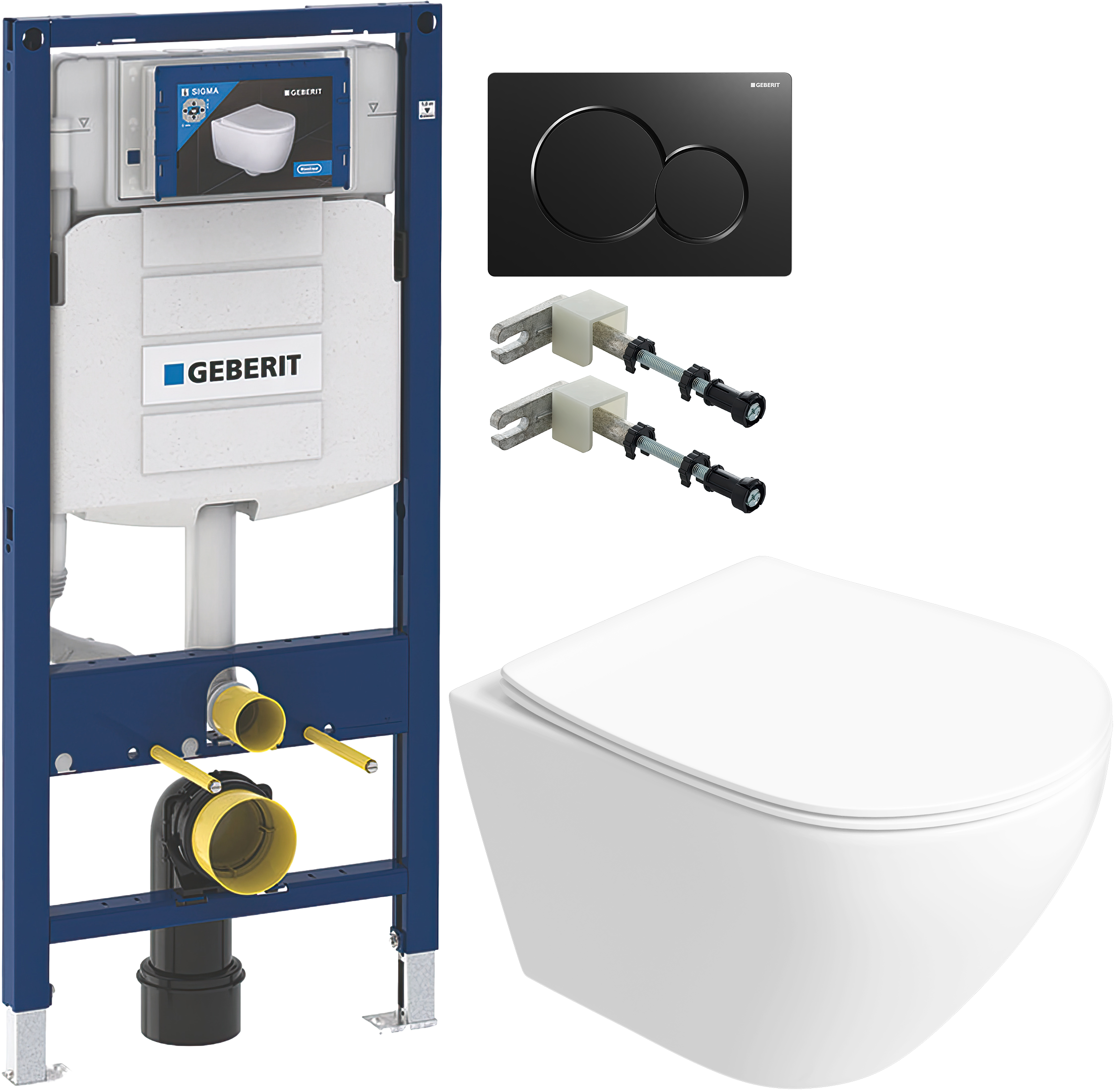 Комплект 5 в 1: Инсталляция Geberit Duofix UP 320 111.300.00.5 + Унитаз подвесной Кронборг S28401WH безободковый + Сиденье с микролифтом + Кнопка Sigma 01 черная + Крепления