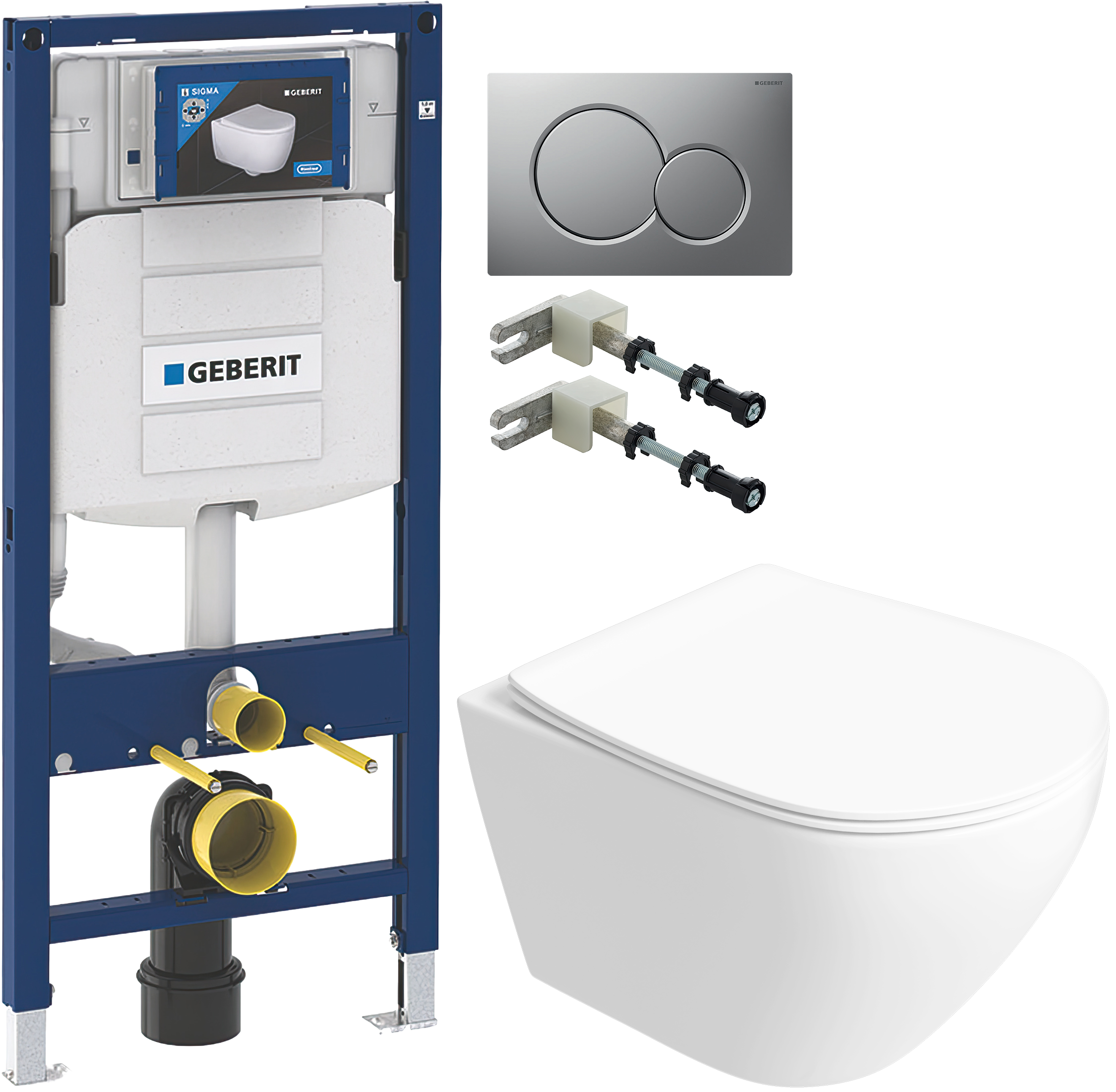 Комплект 5 в 1: Инсталляция Geberit Duofix UP 320 111.300.00.5 + Унитаз подвесной Кронборг S28401WH безободковый + Сиденье с микролифтом + Кнопка Sigma 01 матовый хром + Крепления