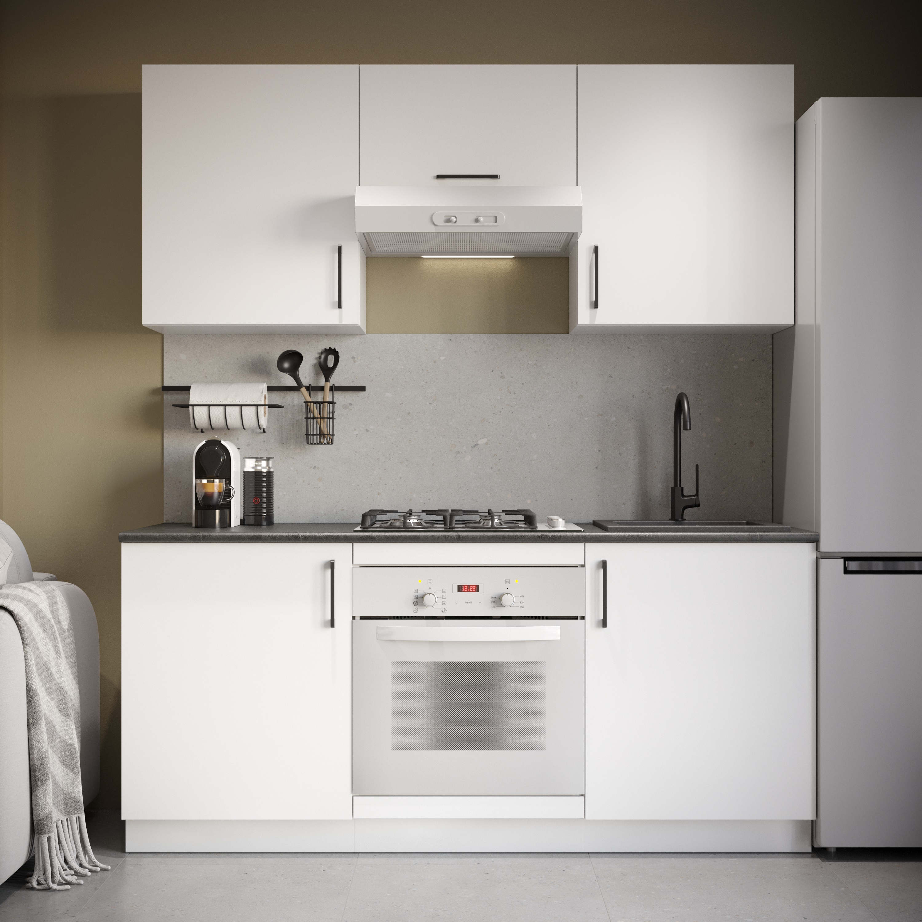 Кухонный гарнитур Domaci Болонья 180 см, фасад белый, ручка черная, столешница луна KUH-767406