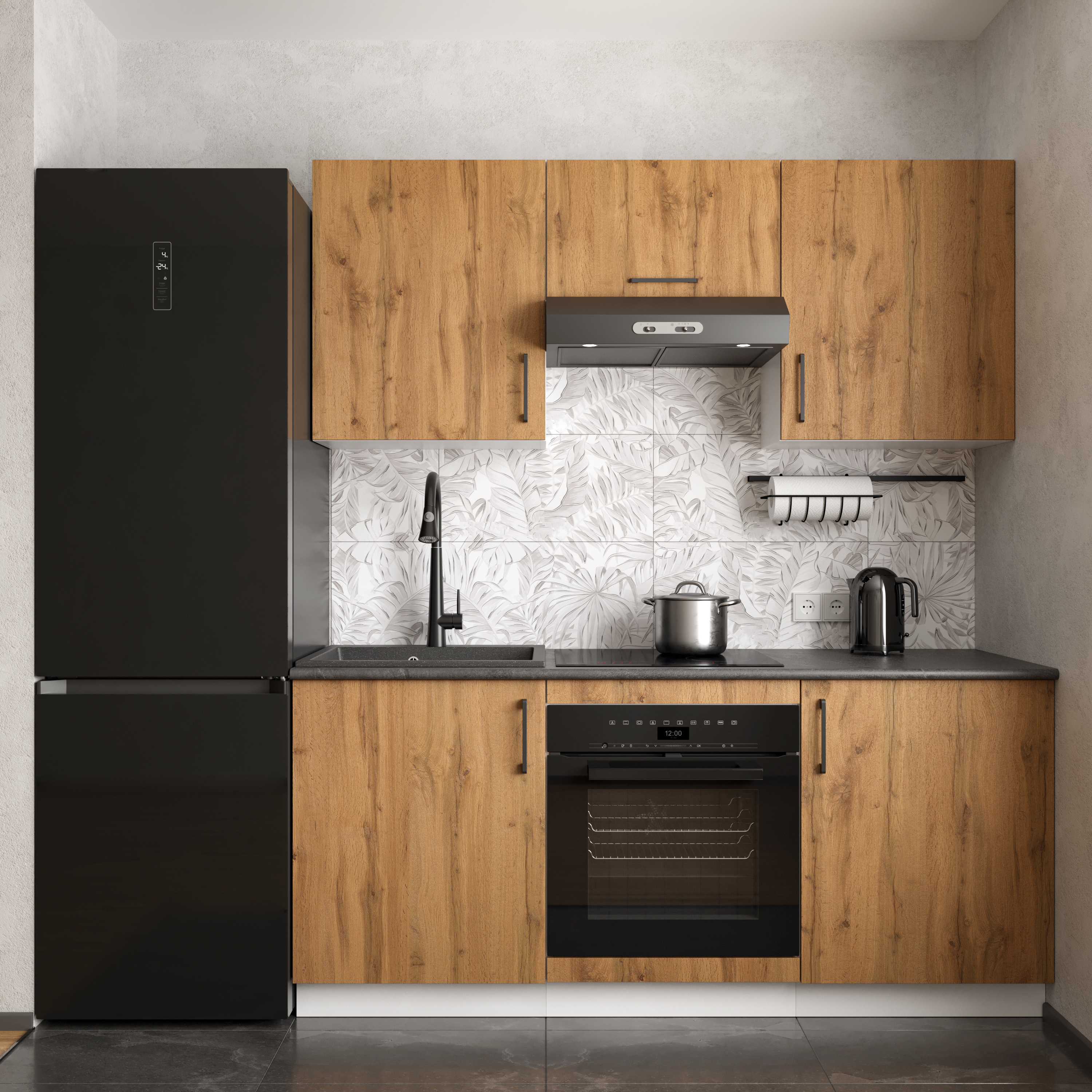 Кухонный гарнитур Domaci Болонья 180 см, фасад дуб вотан, ручка черная, столешница луна KUH-767411
