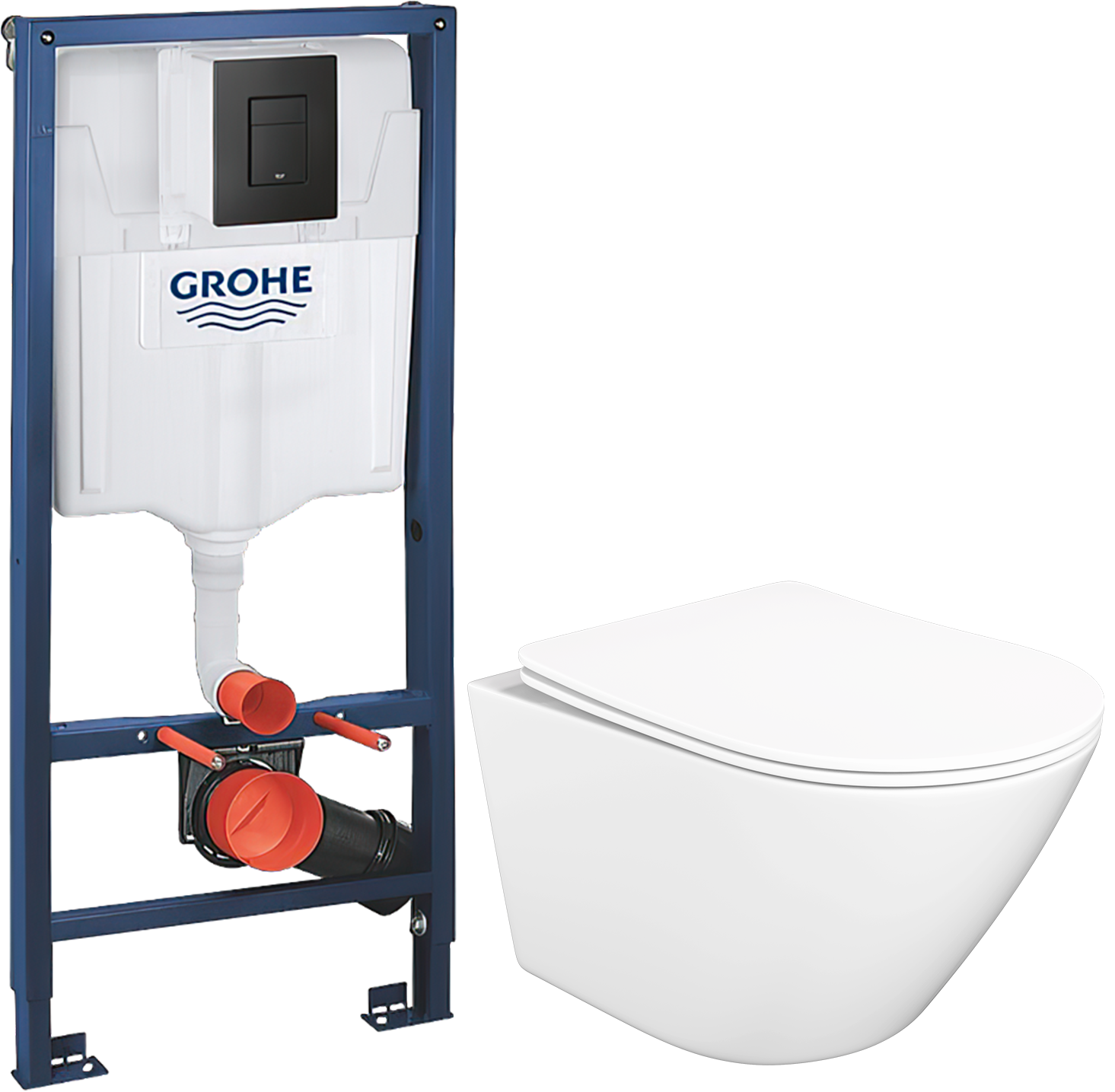 Комплект 4 в 1: Инсталляция Grohe Solido 38811KF0 + Унитаз подвесной STWORKI Левангер S07401WH + Кнопка черная + Комплект креплений