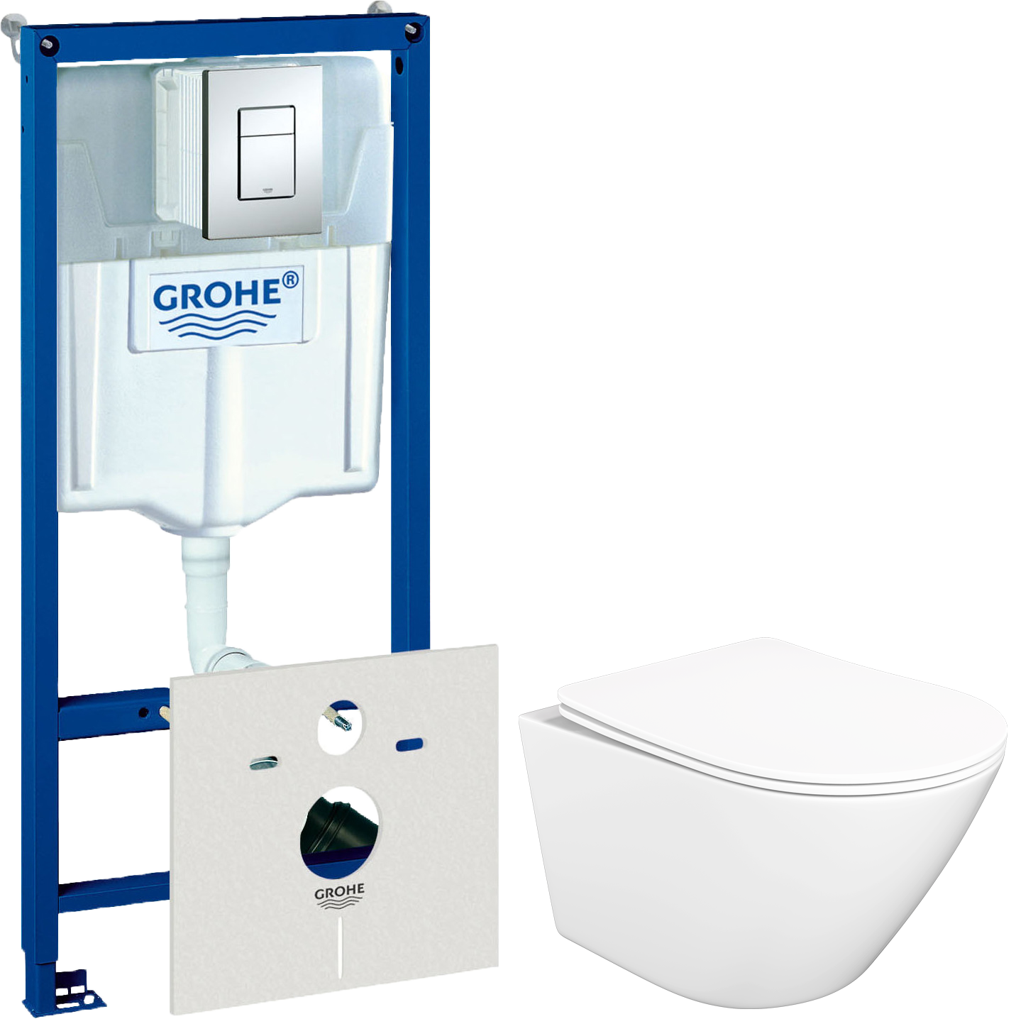 Комплект 4 в 1: Инсталляция Grohe Rapid SL 38775001 + Унитаз подвесной STWORKI Левангер S07401WH + Кнопка хром + Комплект шумоизоляции, креплений
