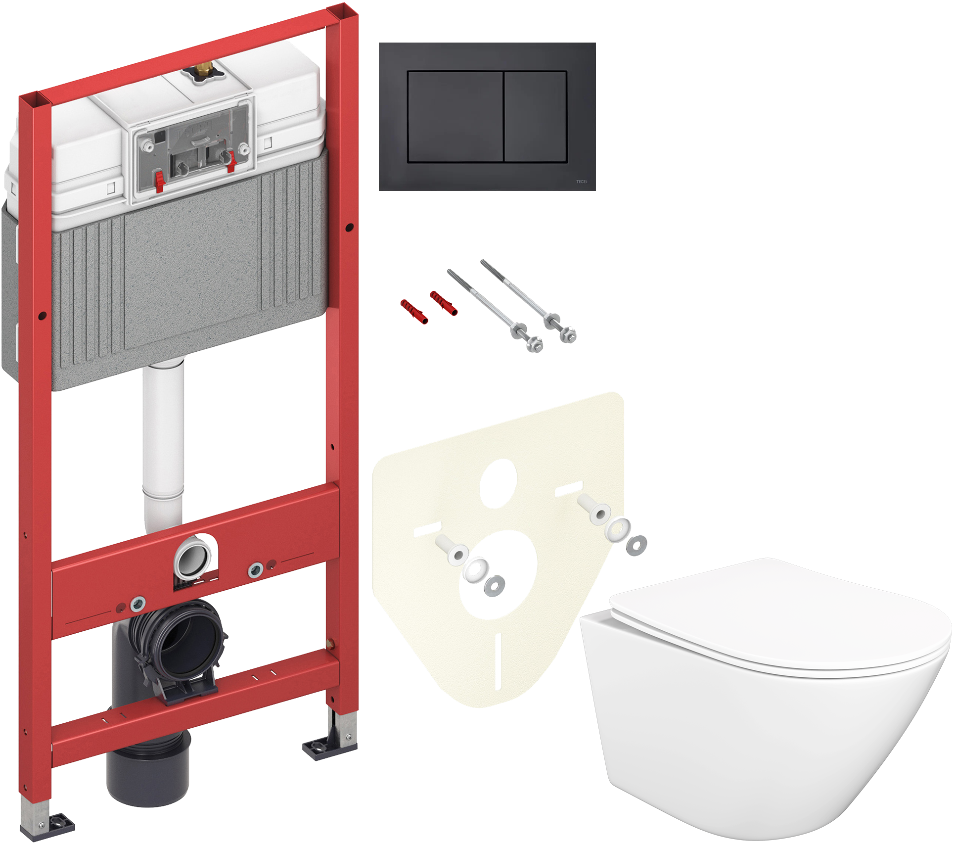 Комплект 4 в 1: Инсталляция TECE Now 9400414 + Унитаз подвесной STWORKI Левангер S07401WH + Кнопка черная + Комплект шумоизоляции, креплений