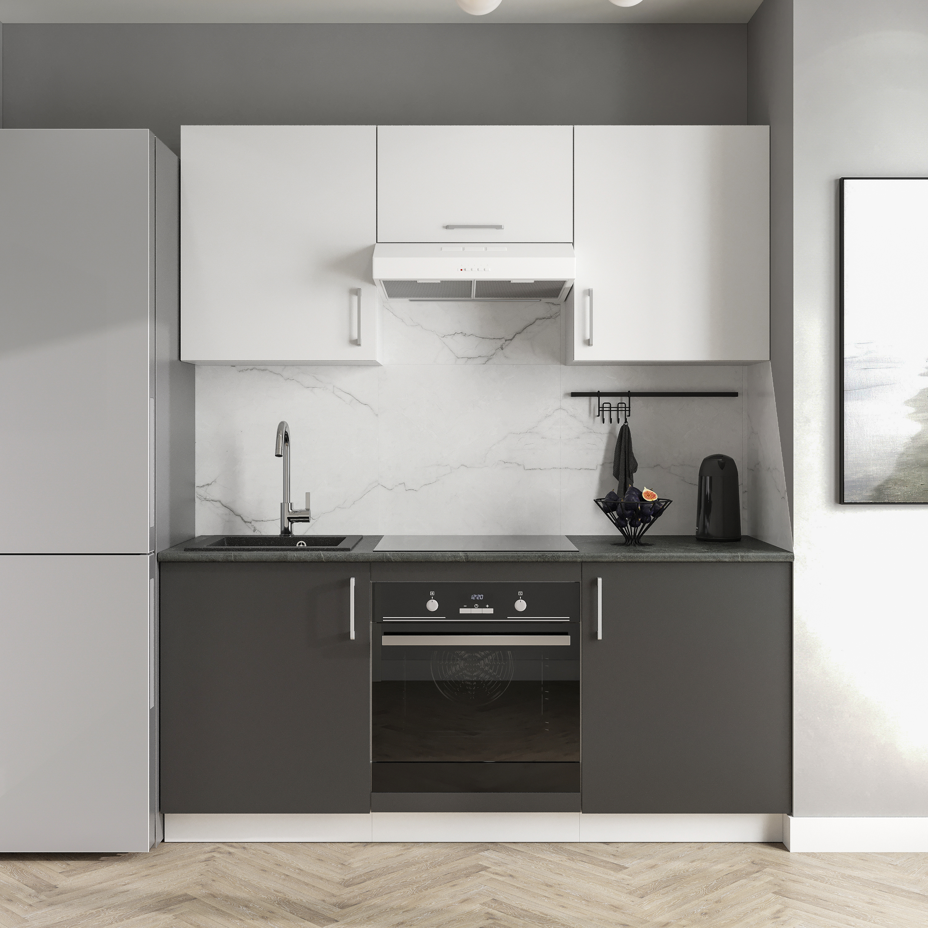 Кухонный гарнитур Domaci Болонья 180 см, фасад графит, белый, ручка хром, столешница луна KUH-767414