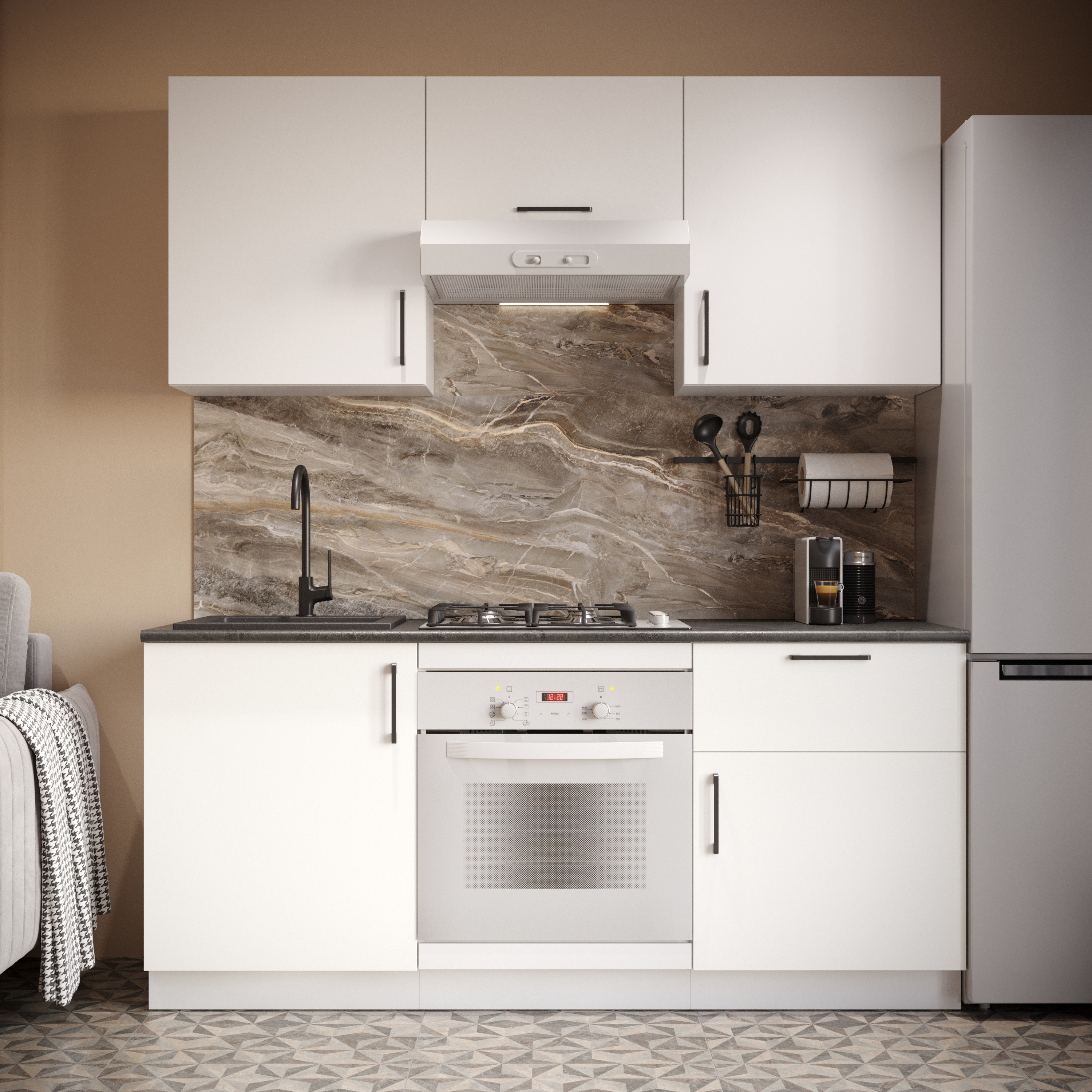 Кухонный гарнитур Domaci Болонья 180 см, фасад белый, ручка черная, столешница луна KUH-767417