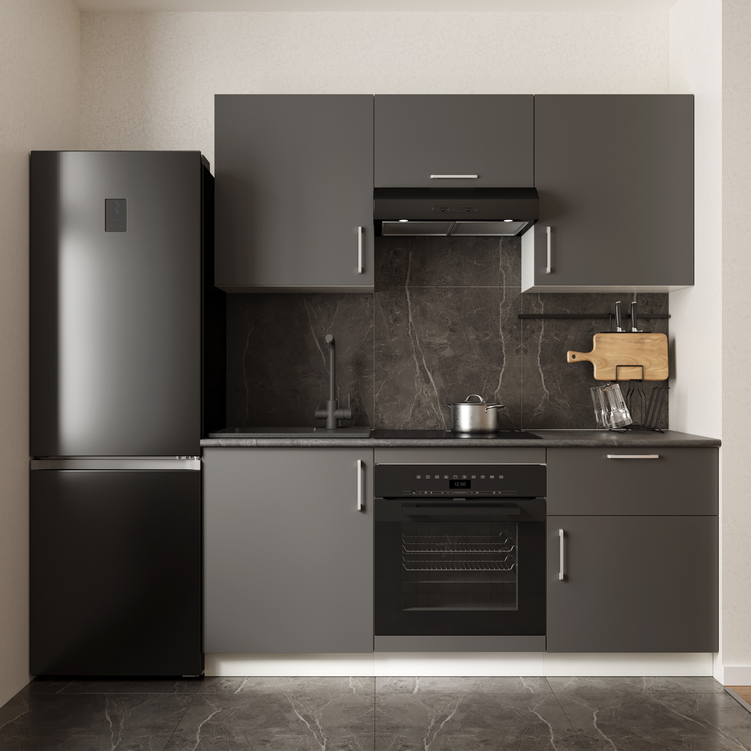 Кухонный гарнитур Domaci Болонья 180 см, фасад графит, ручка хром, столешница луна KUH-767419