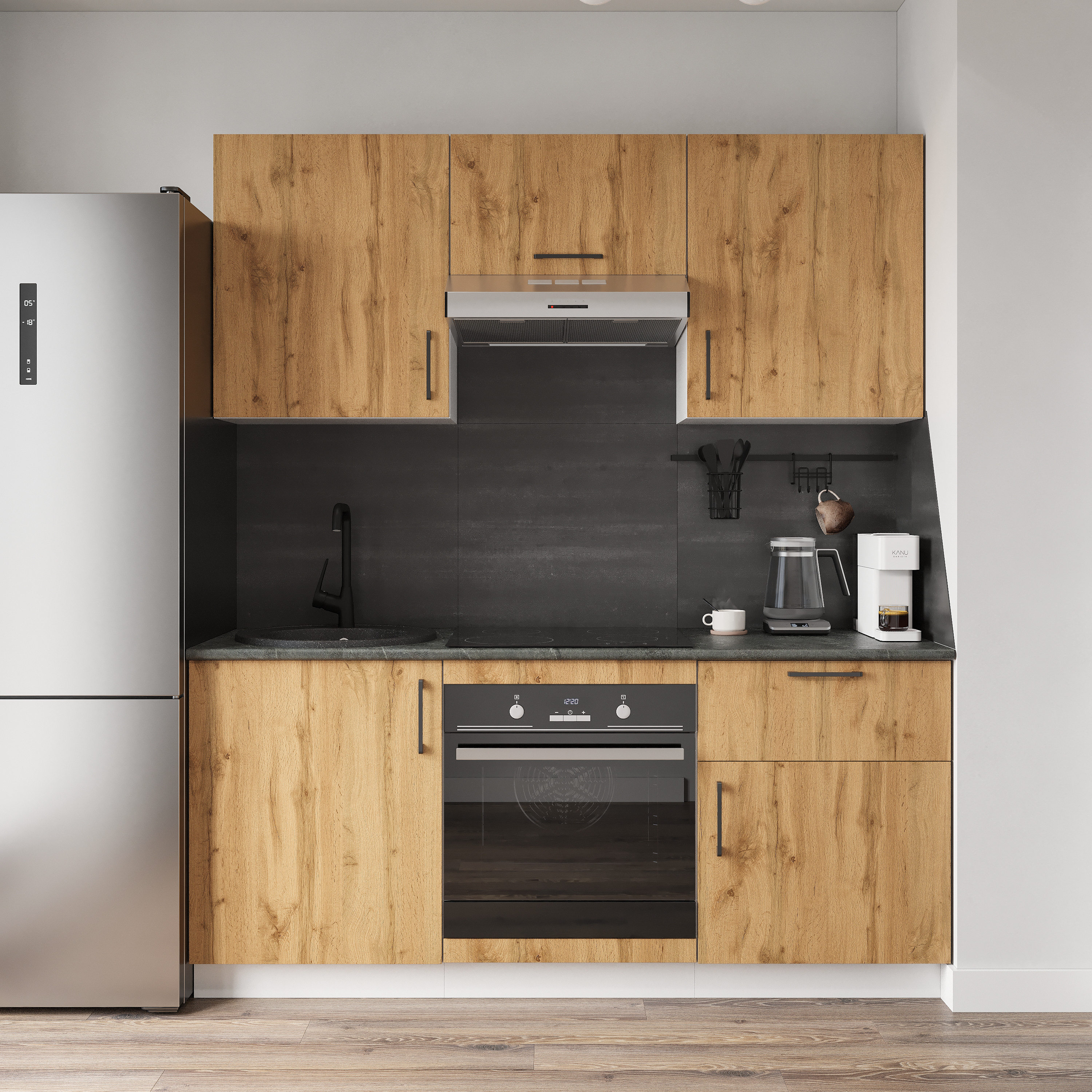 Кухонный гарнитур Domaci Болонья 180 см, фасад дуб вотан, ручка черная, столешница луна KUH-767421