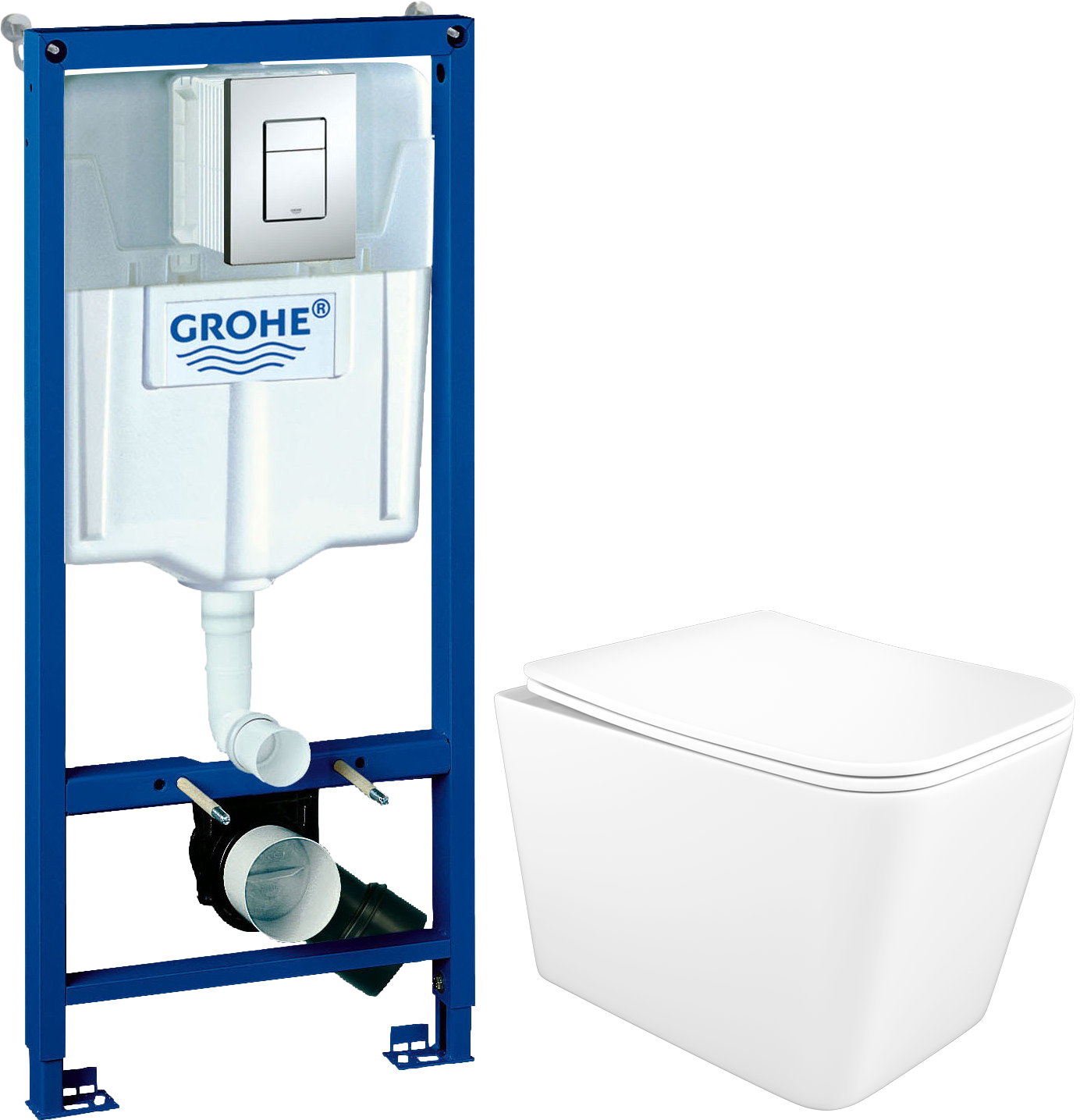 Комплект 5 в 1: Инсталляция Grohe Rapid SL 38772001 + Унитаз подвесной STWORKI Молде S23401WH + Сиденье с микролифтом + Кнопка хром + Комплект креплений
