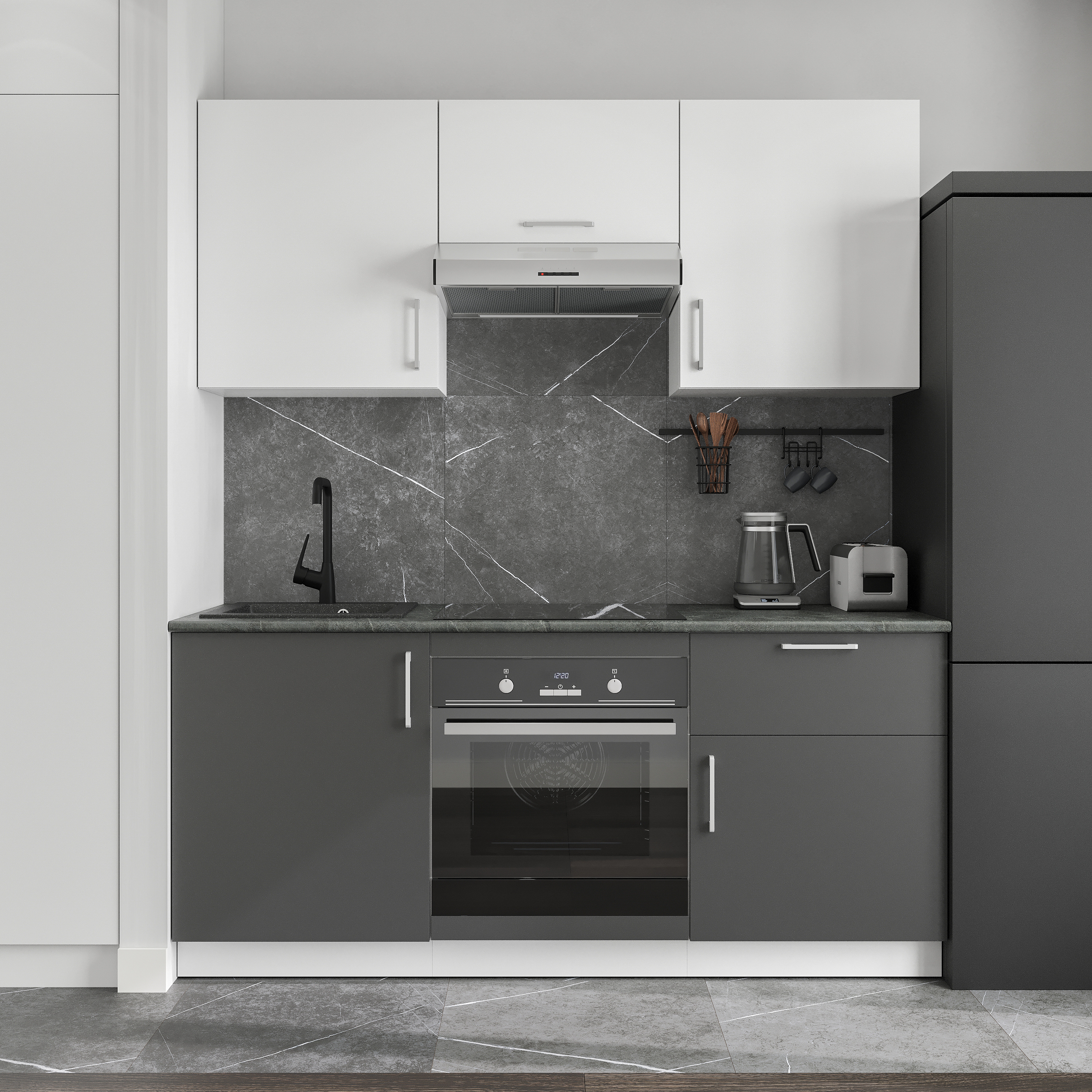 Кухонный гарнитур Domaci Болонья 180 см, фасад графит, белый, ручка хром, столешница луна KUH-767424