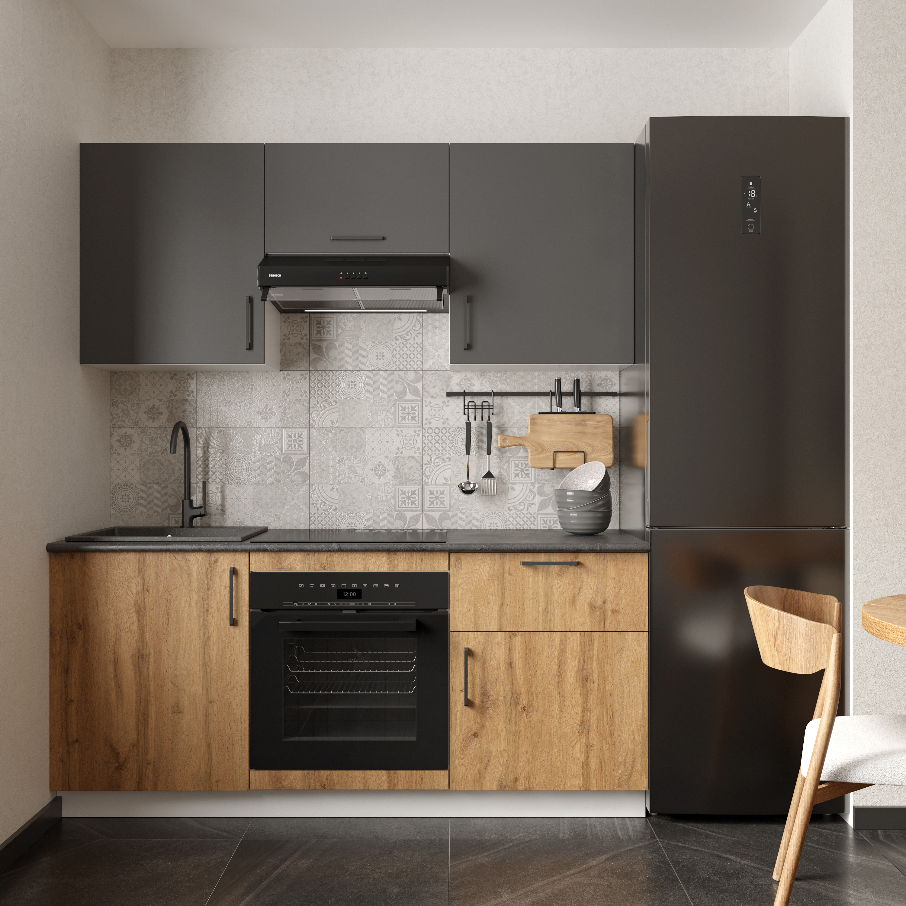 Кухонный гарнитур Domaci Болонья 180 см, фасад дуб вотан, графит, ручка черная, столешница луна KUH-767427