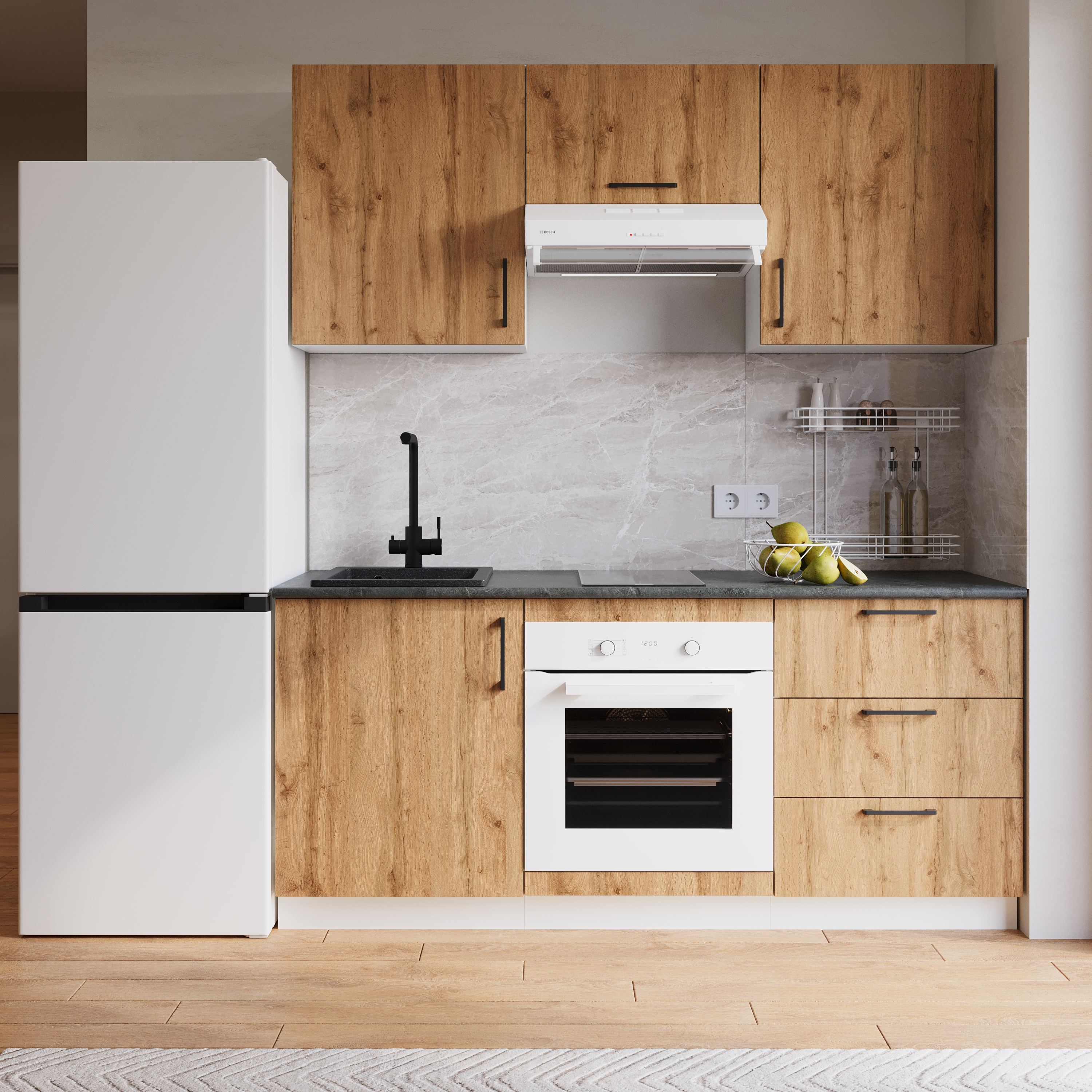 Кухонный гарнитур Domaci Болонья 180 см, фасад дуб вотан, ручка черная, столешница луна KUH-767449