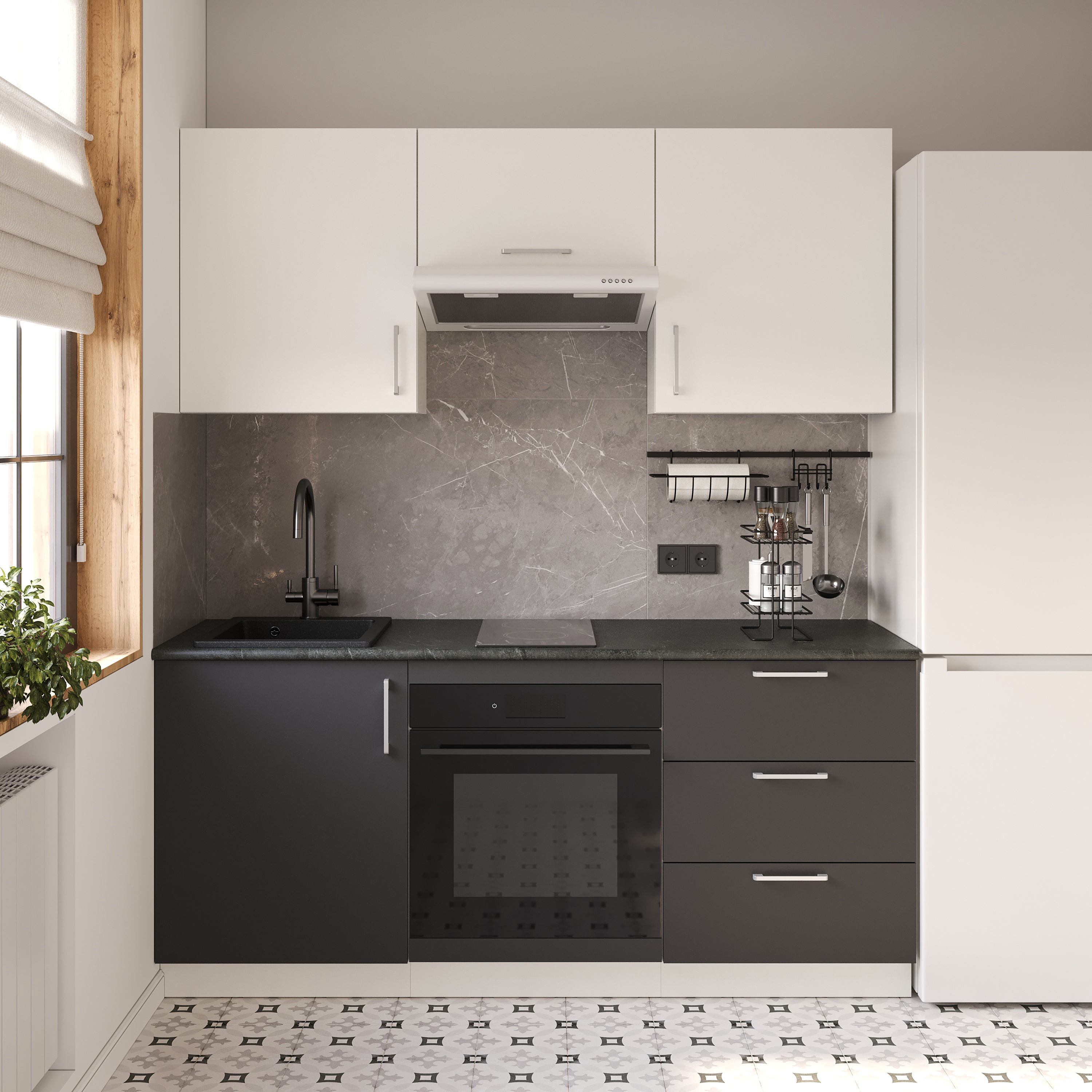 Кухонный гарнитур Domaci Болонья 180 см, фасад графит, белый, ручка хром, столешница луна KUH-767453