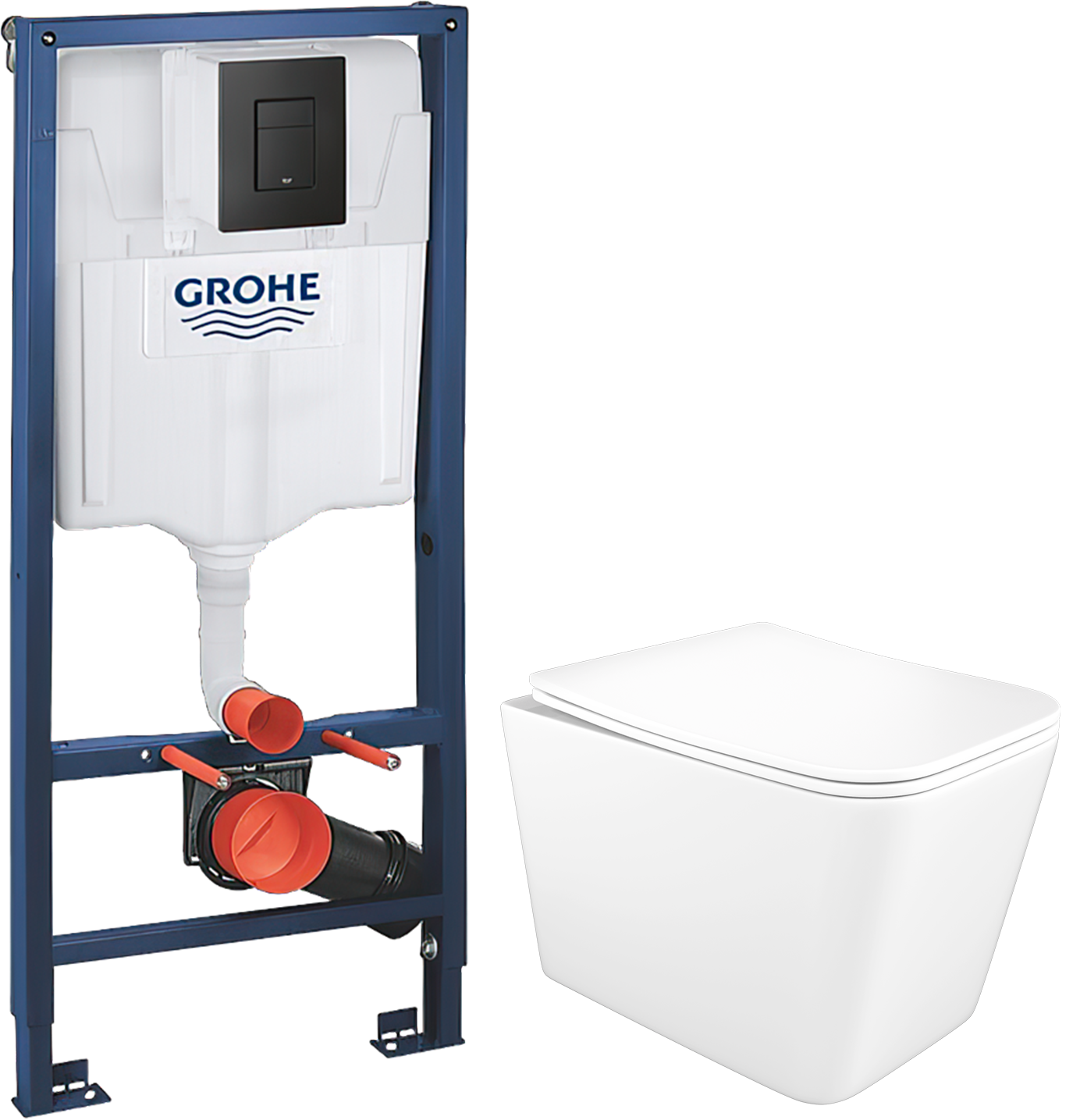 Комплект 5 в 1: Инсталляция Grohe Solido 38811KF0 + Унитаз подвесной STWORKI Молде S23401WH + Сиденье с микролифтом + Кнопка черная + Комплект креплений