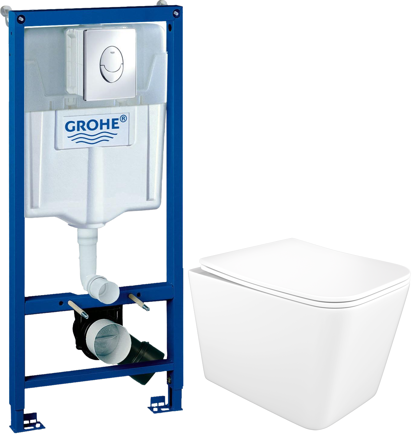 Комплект 5 в 1: Инсталляция Grohe Rapid SL 38721001 + Унитаз подвесной STWORKI Молде S23401WH + Сиденье с микролифтом + Кнопка хром + Комплект креплений