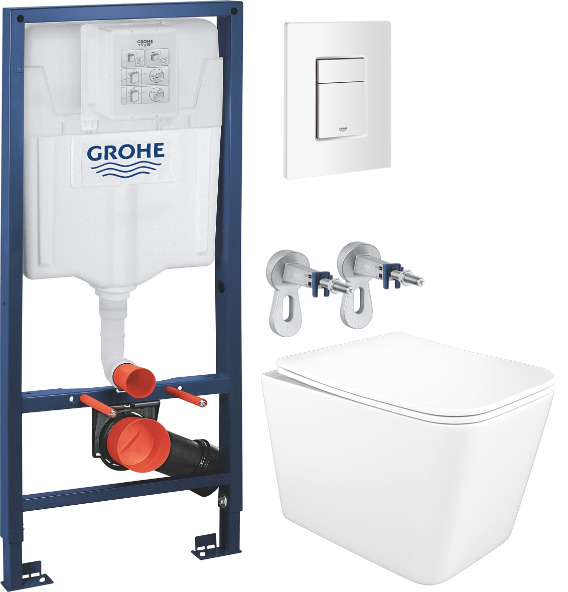 Комплект 5 в 1: Инсталляция Grohe Rapid SL 38772SH0 + Унитаз подвесной STWORKI Молде S23401WH + Сиденье с микролифтом + Кнопка белая + Комплект креплений