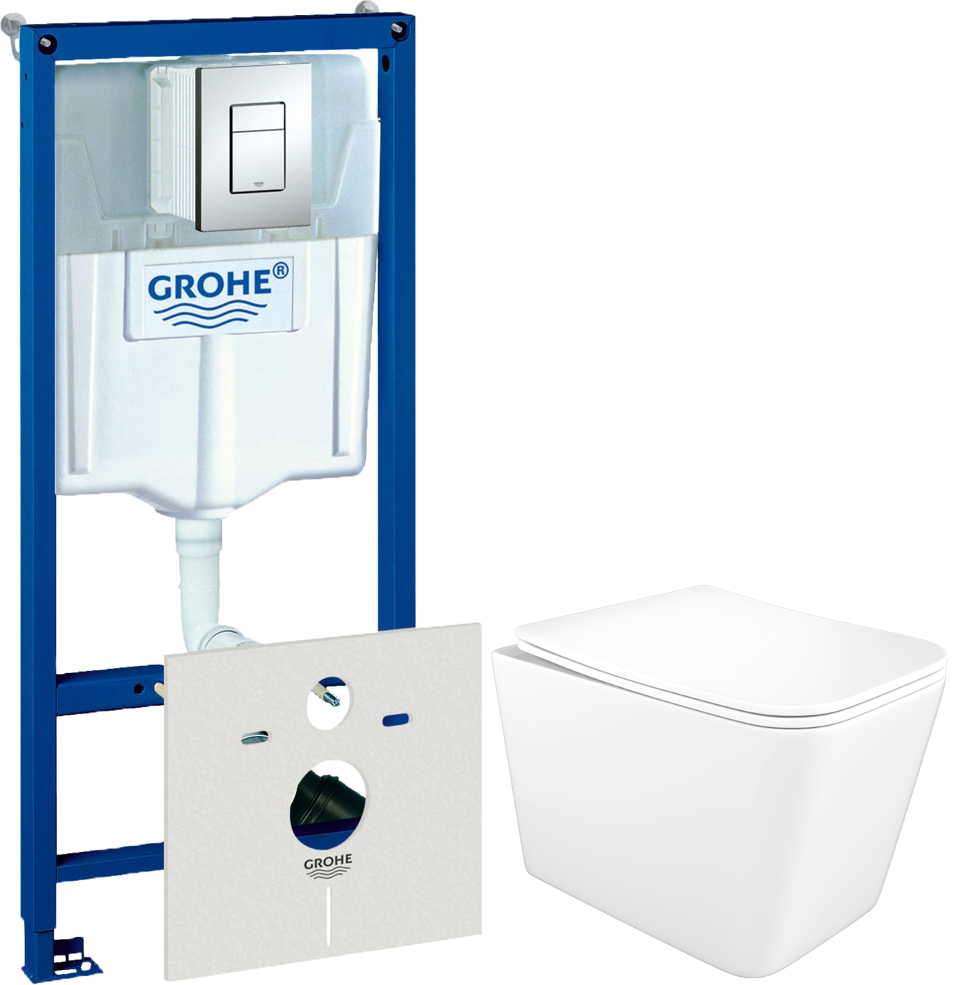 Комплект 5 в 1: Инсталляция Grohe Rapid SL 38775001 + Унитаз подвесной STWORKI Молде S23401WH + Сиденье с микролифтом + Кнопка хром + Комплект шумоизоляции, креплений
