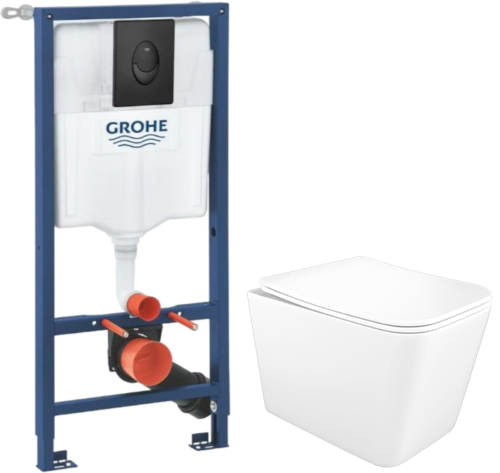 Комплект 5 в 1: Инсталляция Grohe Rapid SL 1000044 + Унитаз подвесной STWORKI Молде S23401WH + Сиденье с микролифтом + Кнопка черная + Комплект креплений