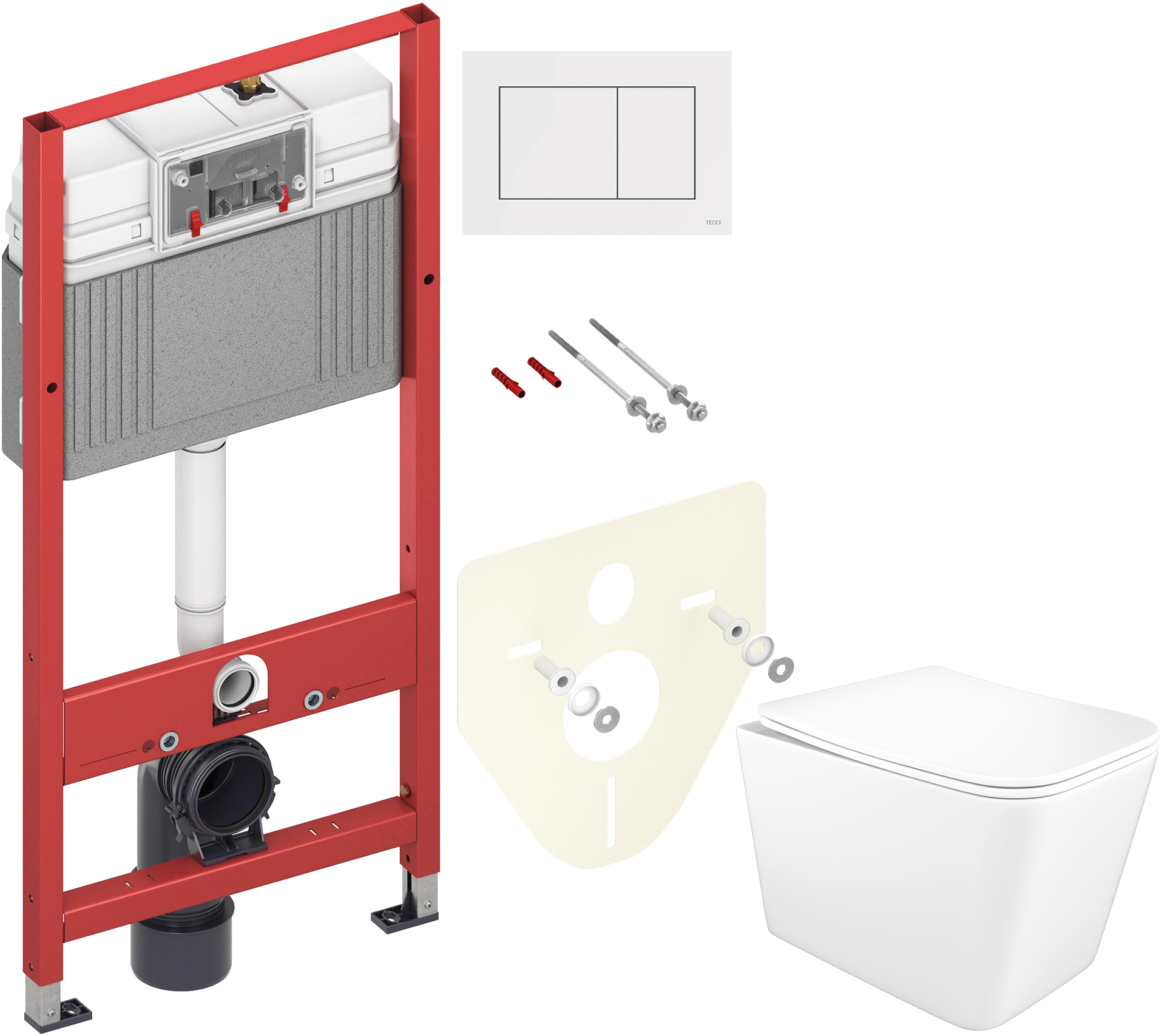 Комплект 5 в 1: Инсталляция TECE Base 9400413 + Унитаз подвесной STWORKI Молде S23401WH + Сиденье с микролифтом + Кнопка белая + Комплект шумоизоляции, креплений