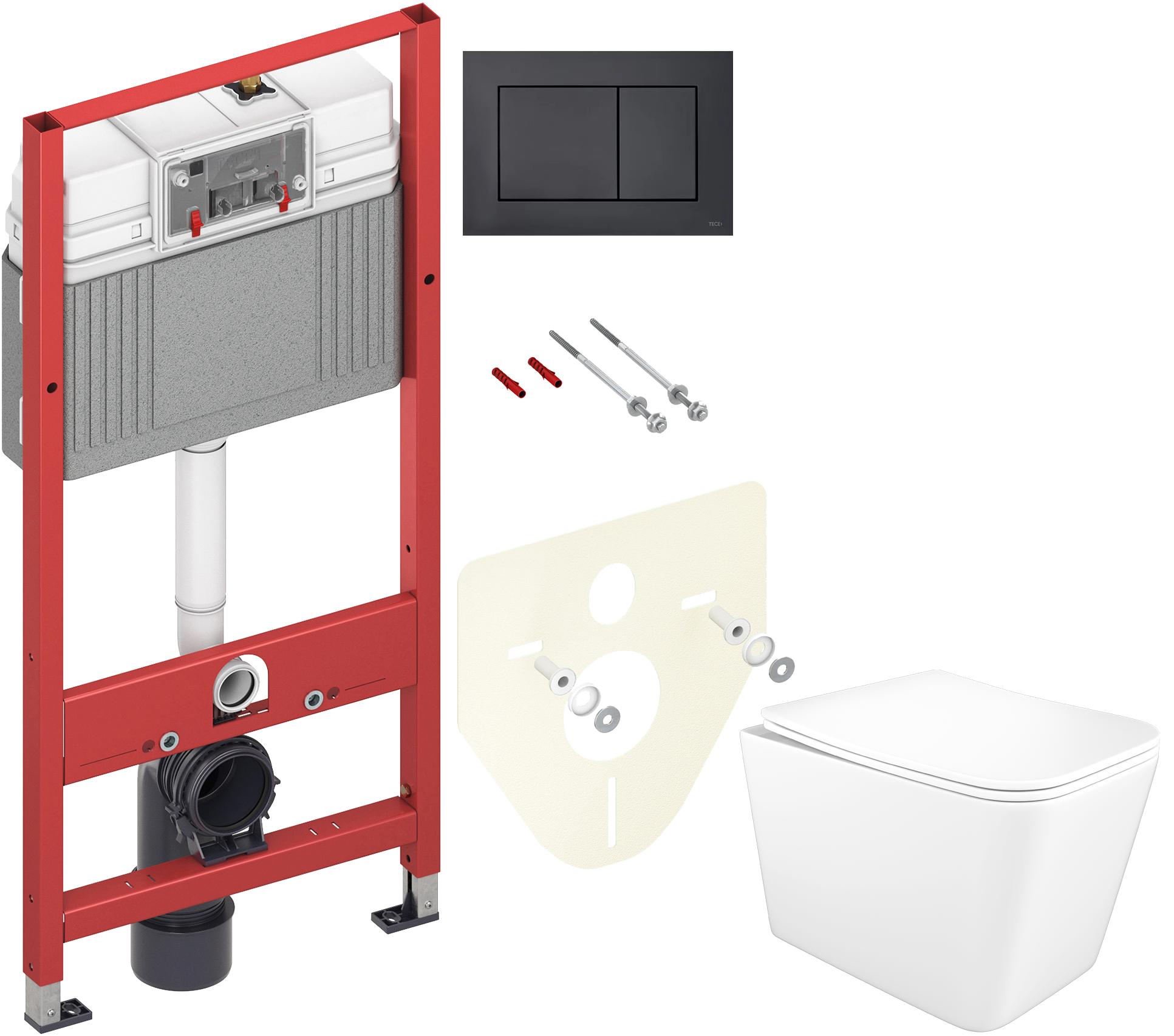 Комплект 5 в 1: Инсталляция TECE Now 9400414 + Унитаз подвесной STWORKI Молде S23401WH + Сиденье с микролифтом + Кнопка черная + Комплект шумоизоляции, креплений