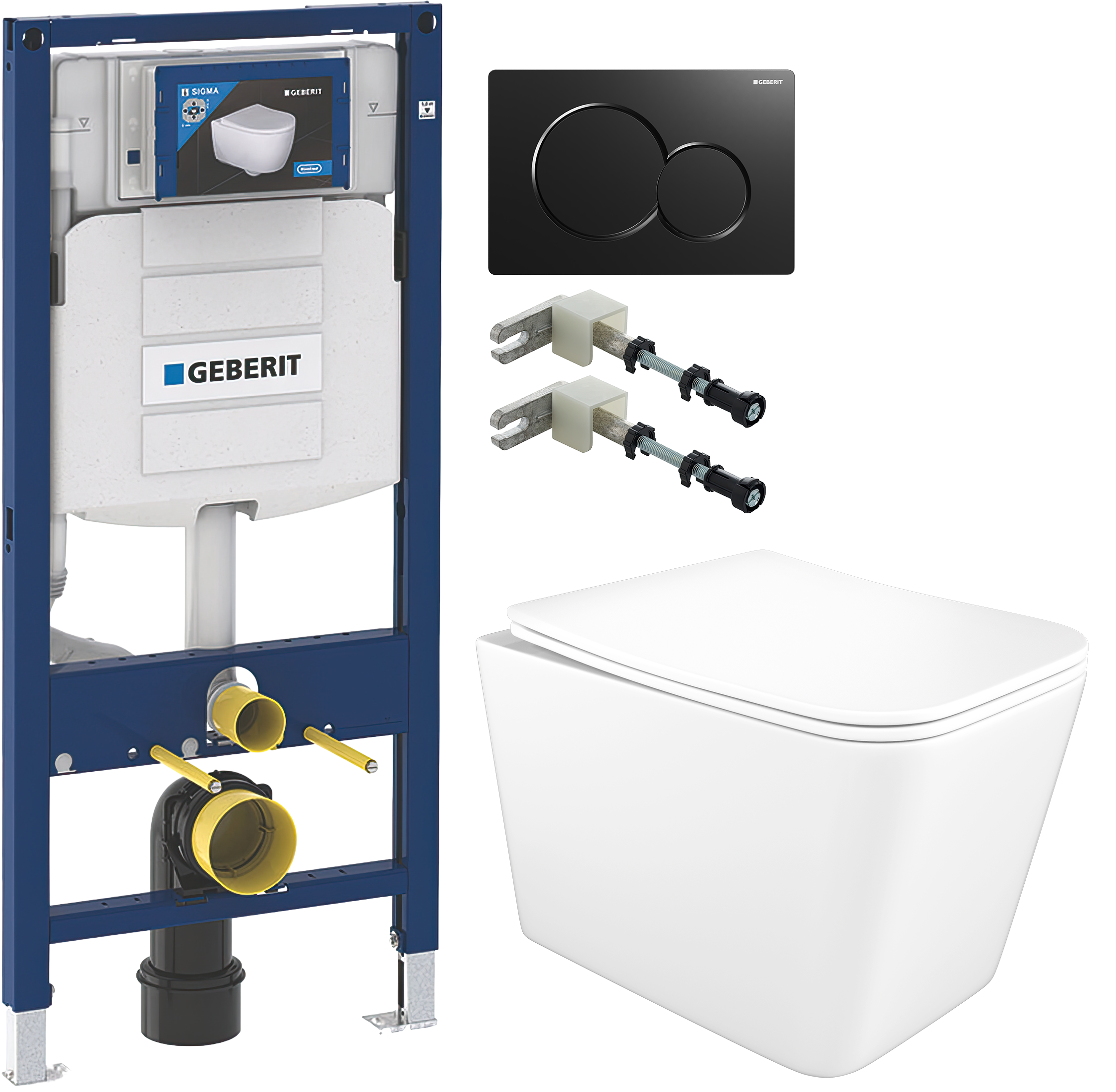Комплект 4 в 1 Унитаз подвесной STWORKI Молде S23401WH безободковый, с микролифтом, антивсплеск + Инсталляция Geberit Duofix UP 320 111.300.00.5 (111.950.00.6) + Крепления 111.815.00.1 к стене + Кнопка Sigma 01 115.770.DW.5 цвет черный