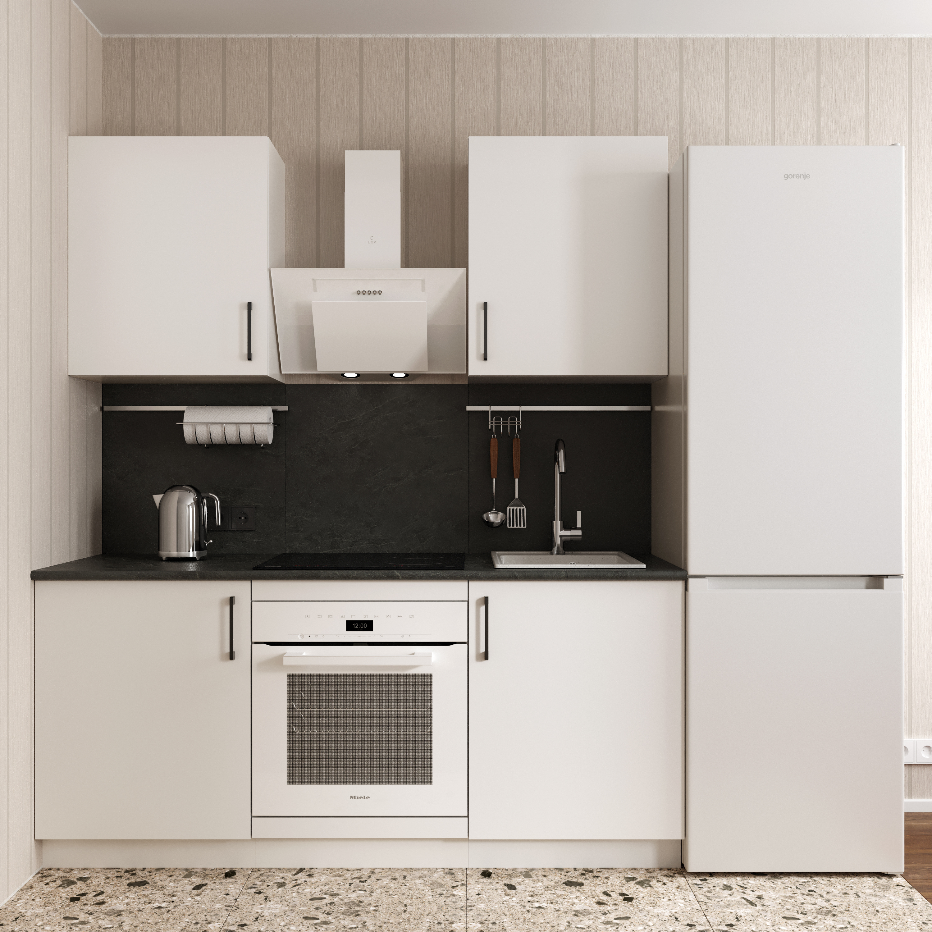 Кухонный гарнитур Domaci Болонья 180 см, фасад белый, ручка черная, столешница луна KUH-767461