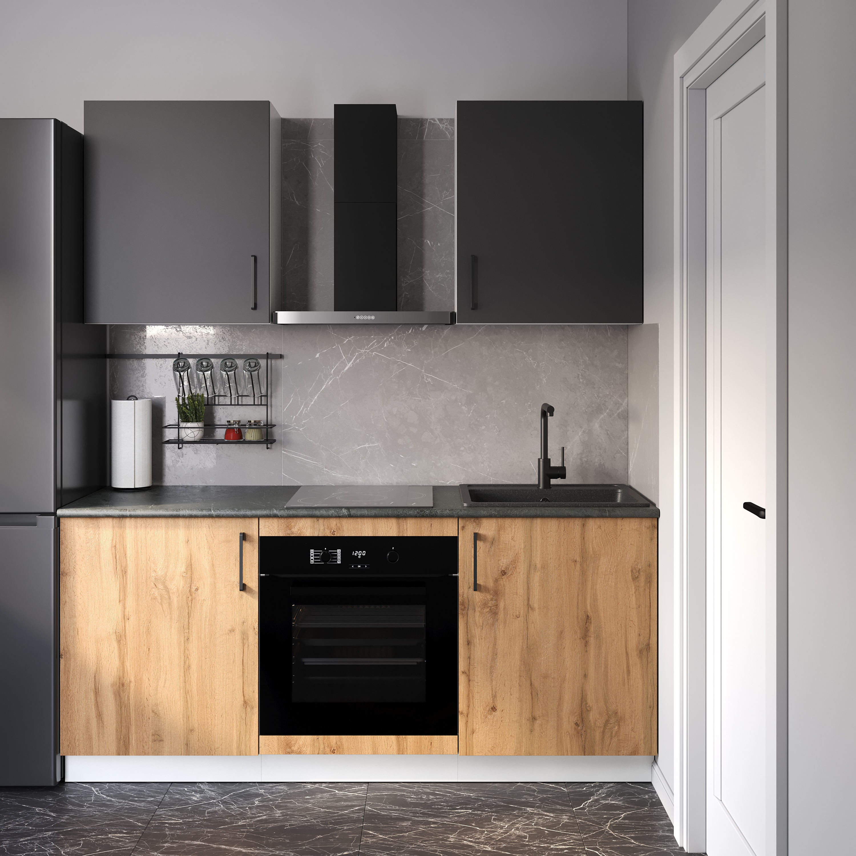 Кухонный гарнитур Domaci Болонья 180 см, фасад дуб вотан, графит, ручка черная, столешница луна KUH-767473