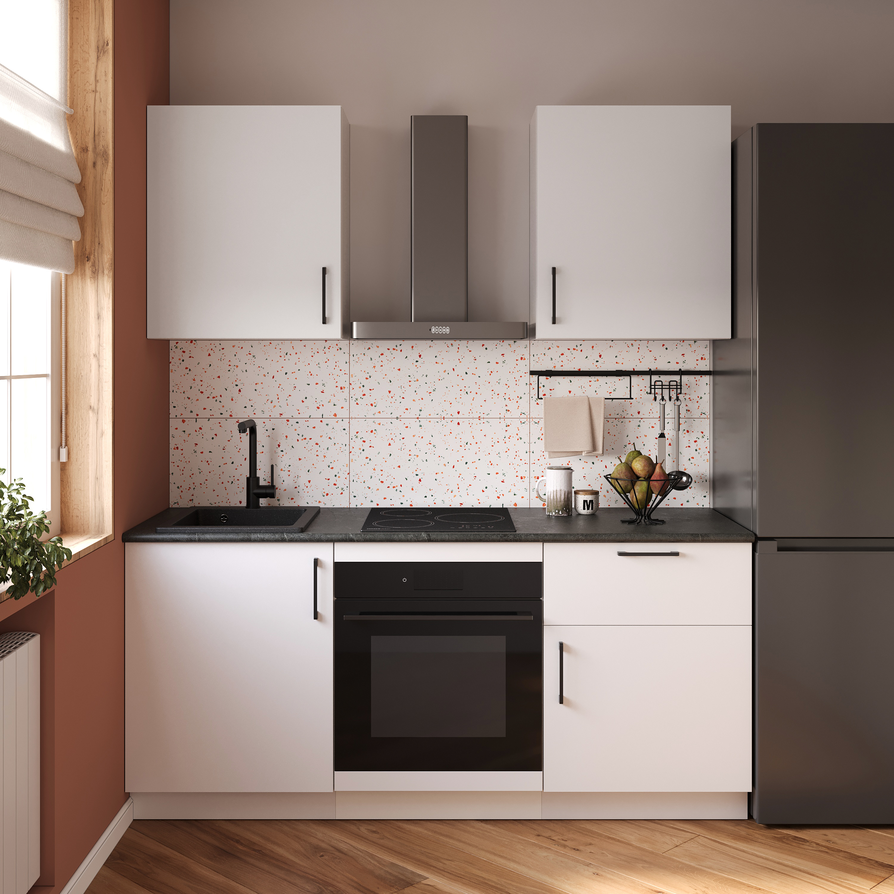 Кухонный гарнитур Domaci Болонья 180 см, фасад белый, ручка черная, столешница луна KUH-767481