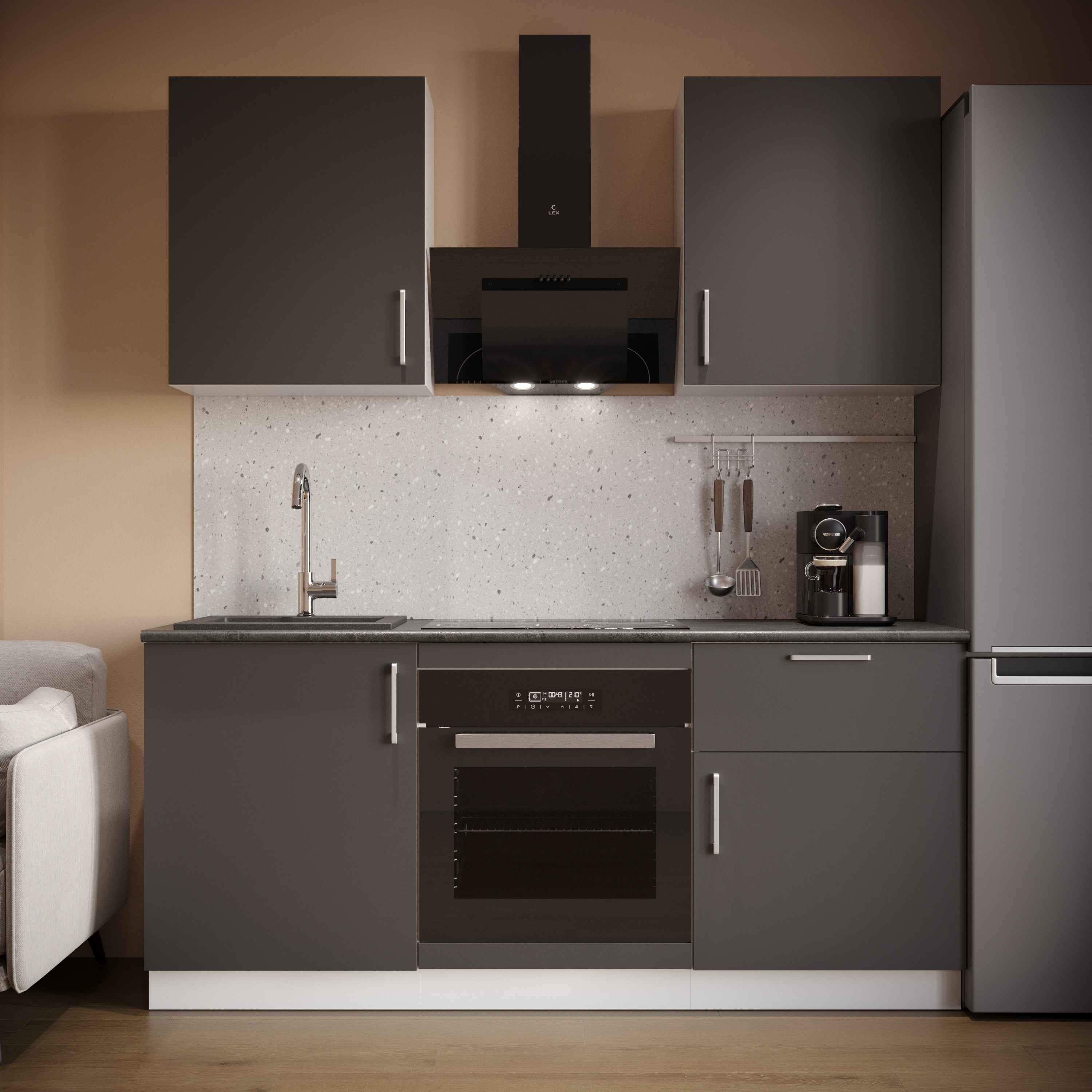 Кухонный гарнитур Domaci Болонья 180 см, фасад графит, ручка хром, столешница луна KUH-767490