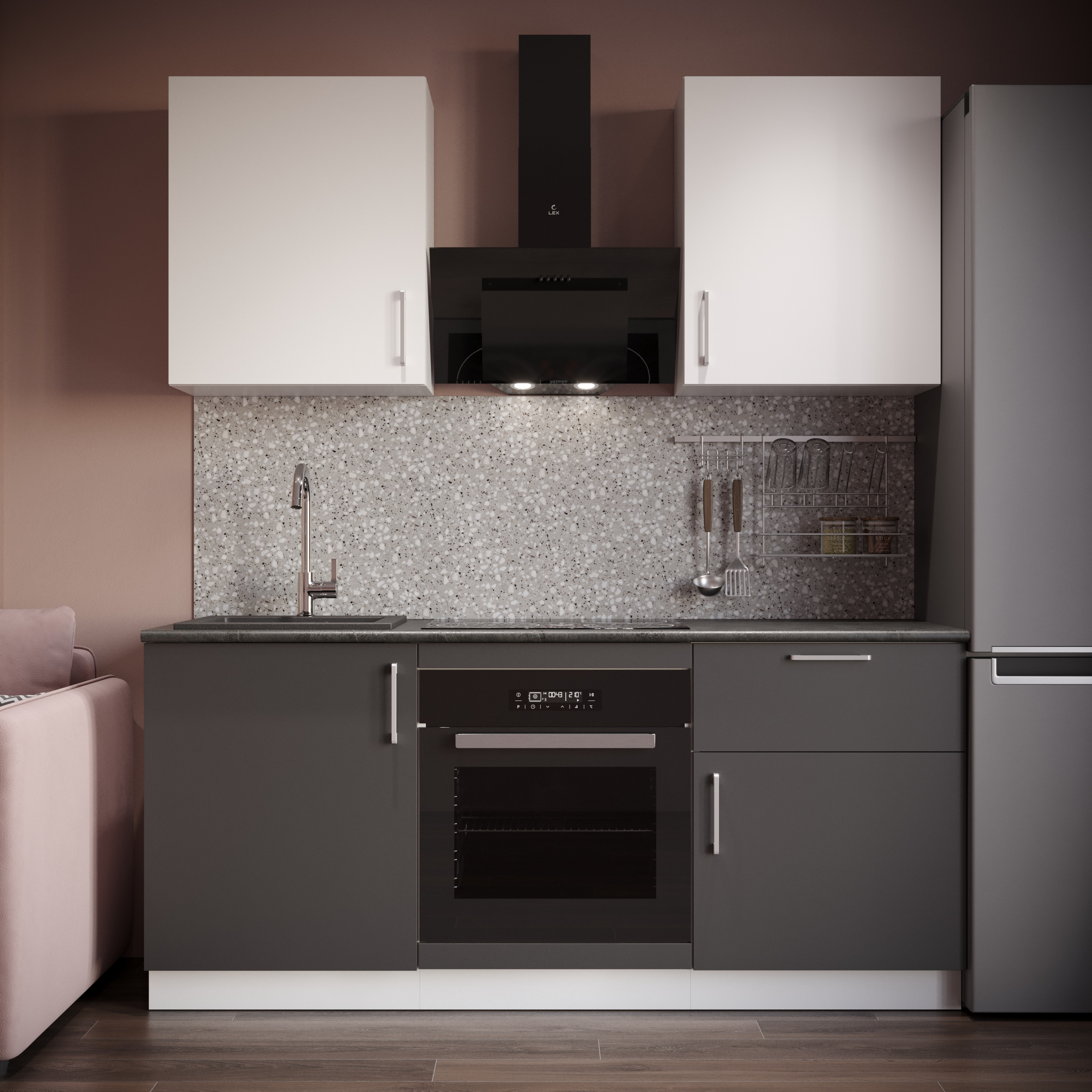 Кухонный гарнитур Domaci Болонья 180 см, фасад графит, белый, ручка хром, столешница луна KUH-767496