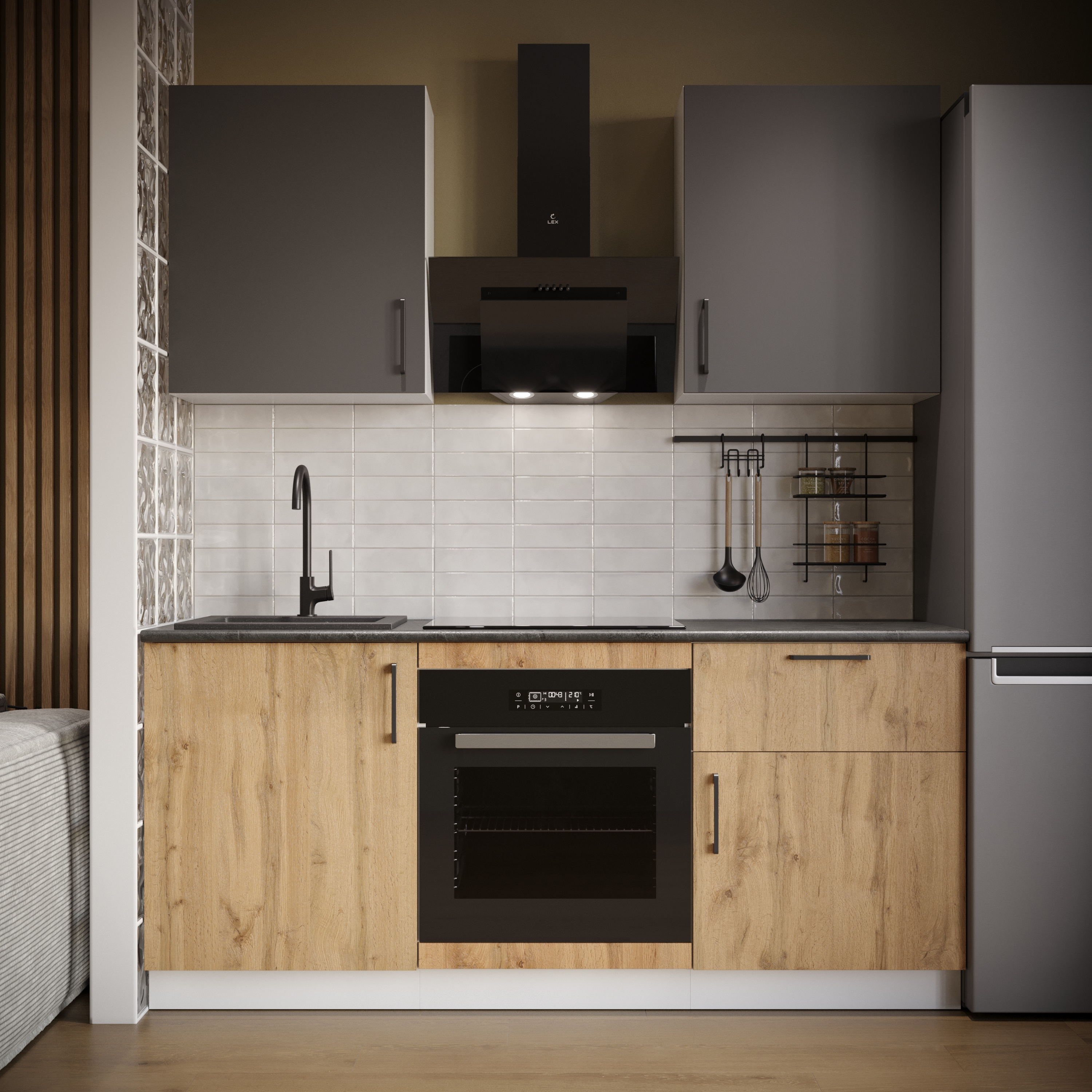 Кухонный гарнитур Domaci Болонья 180 см, фасад дуб вотан, графит, ручка черная, столешница луна KUH-767498