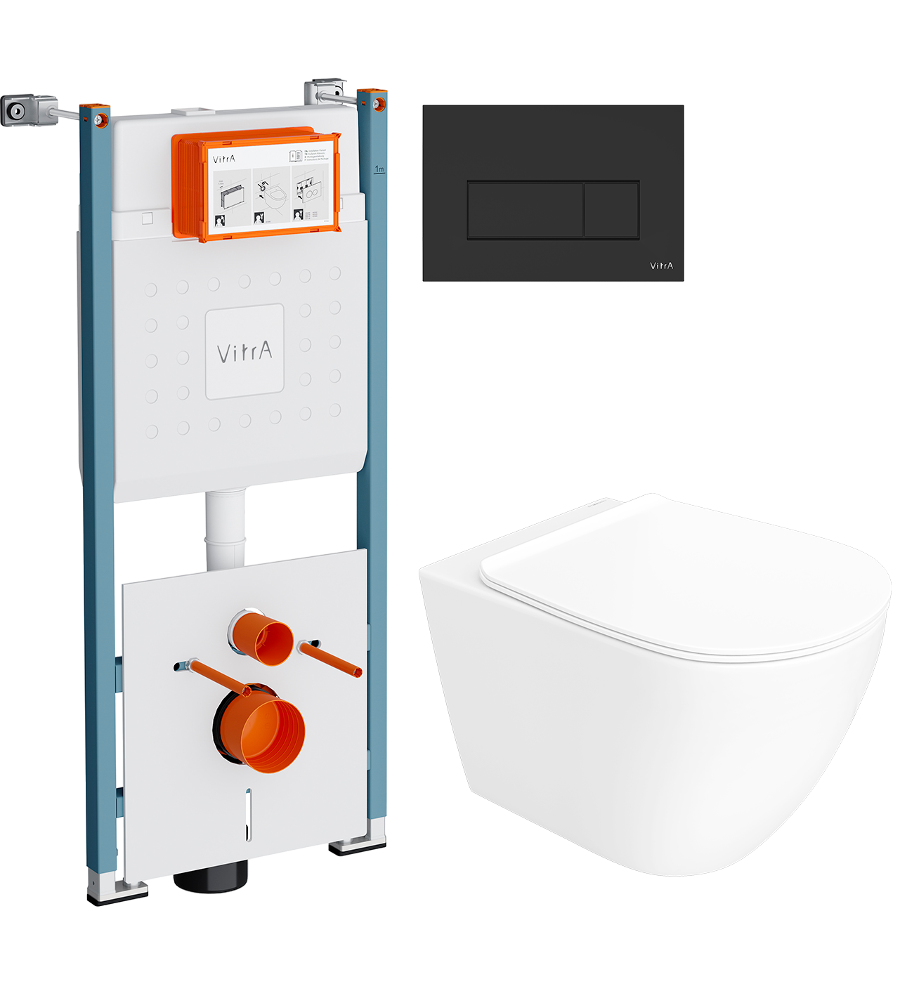 Комплект 3 в 1 Унитаз подвесной STWORKI Готланд S13401WH безободковый, с микролифтом, глянцевый белый, антивсплеск + Инсталляция VitrA V-Fix Core 732-5800-01PV + Кнопка Root Square 740-2311 цвет матовый черный
