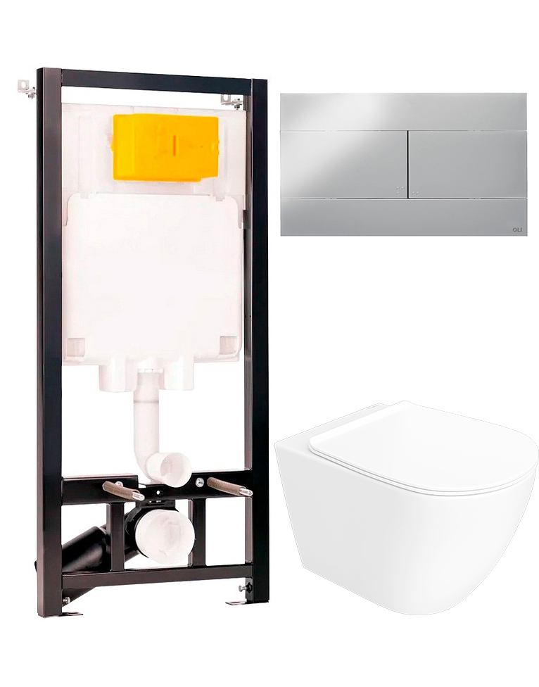Комплект 4 в 1: Инсталляция OLI 80 ECO Sanitarblock mechanic + Унитаз подвесной STWORKI Готланд S13401WH + Кнопка хром + Комплект креплений