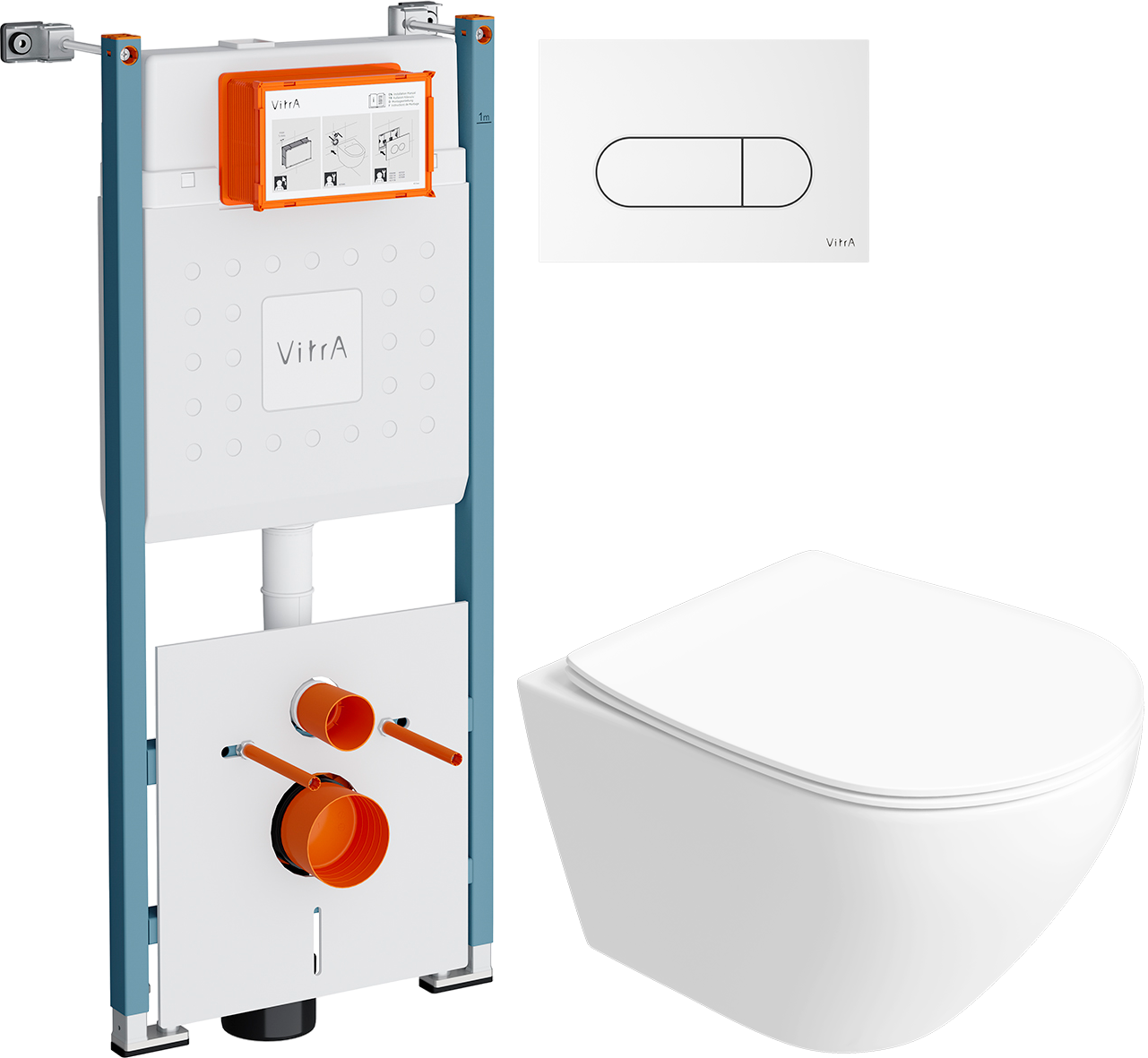 Комплект 6 в 1: Инсталляция VitrA V-Fix Core 732-5800-01PV + Унитаз подвесной Кронборг S28401WH безободковый + Сиденье с микролифтом + Кнопка Root Round белая + Комплект шумоизоляции, креплений