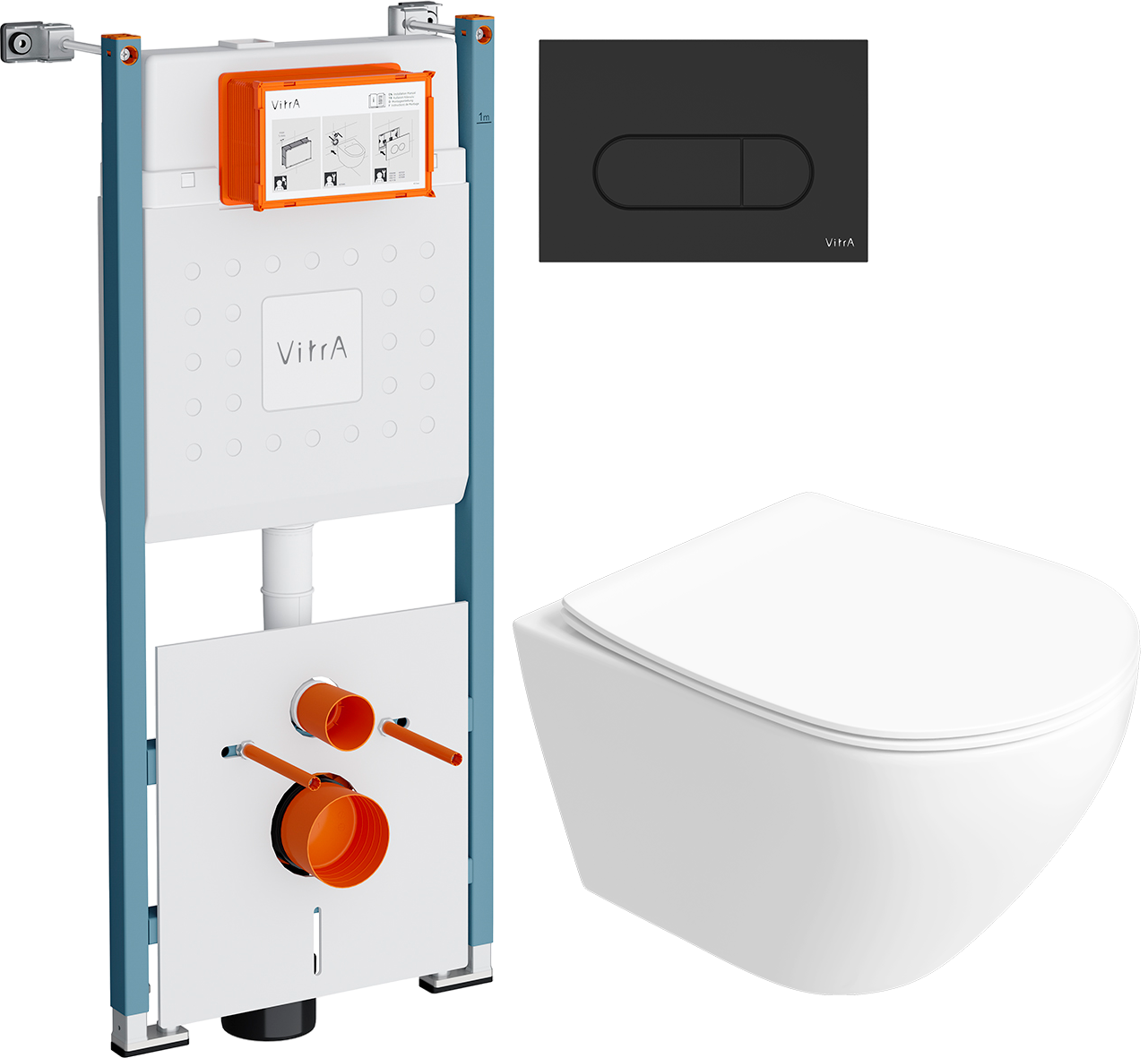 Комплект 6 в 1: Инсталляция VitrA V-Fix Core 732-5800-01PV + Унитаз подвесной Кронборг S28401WH безободковый + Сиденье с микролифтом + Кнопка Root Round черная матовая + Комплект шумоизоляции, креплений