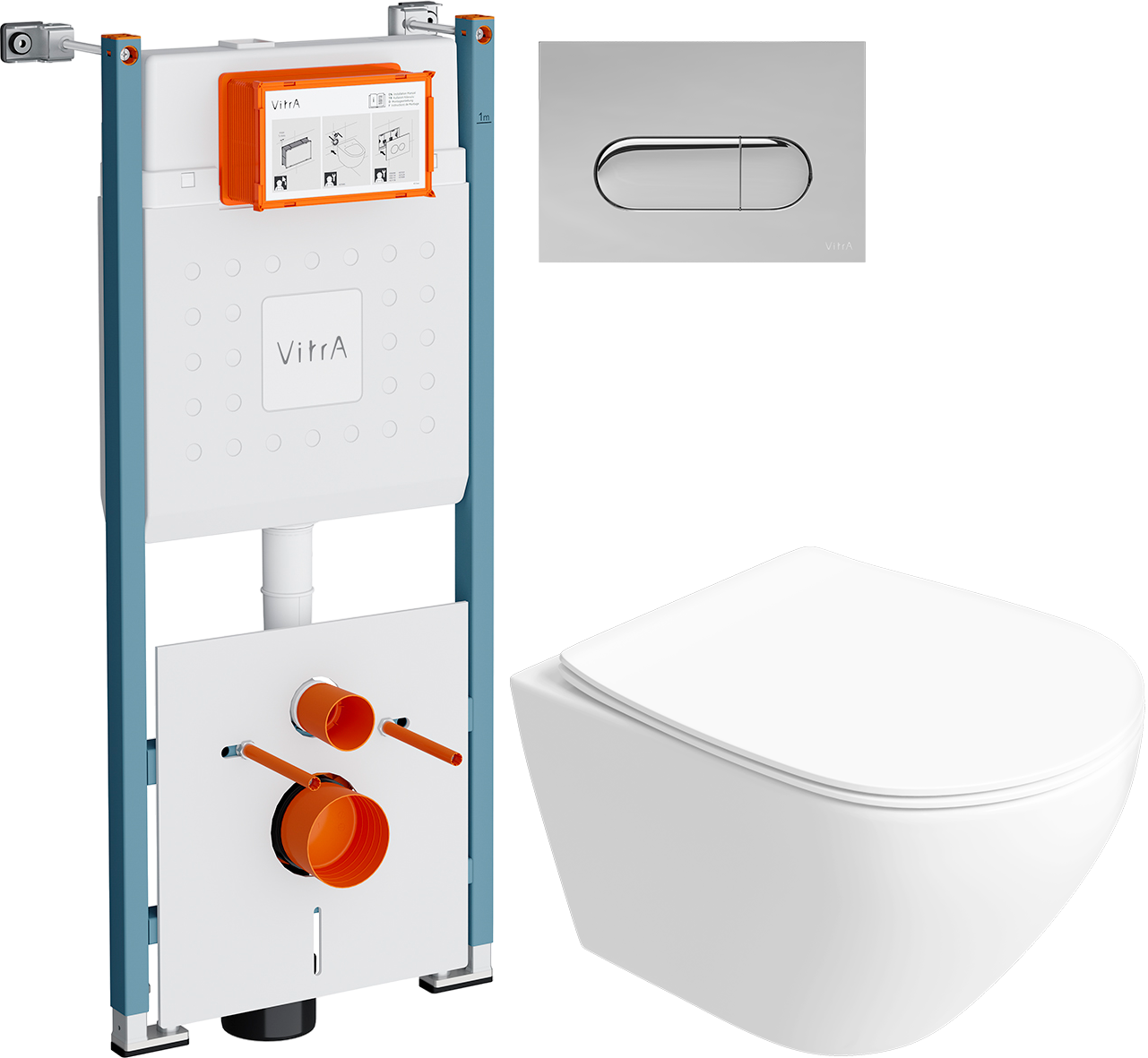 Комплект 6 в 1: Инсталляция VitrA V-Fix Core 732-5800-01PV + Унитаз подвесной Кронборг S28401WH безободковый + Сиденье с микролифтом + Кнопка Root Round хром + Комплект шумоизоляции, креплений