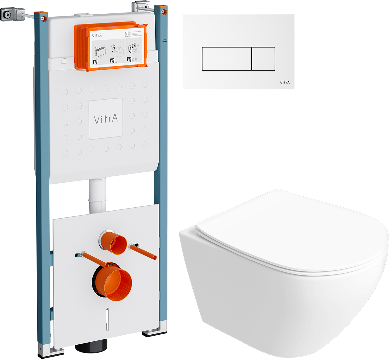 Комплект 6 в 1: Инсталляция VitrA V-Fix Core 732-5800-01PV + Унитаз подвесной Кронборг S28401WH безободковый + Сиденье с микролифтом + Кнопка Root Square белая + Комплект шумоизоляции, креплений