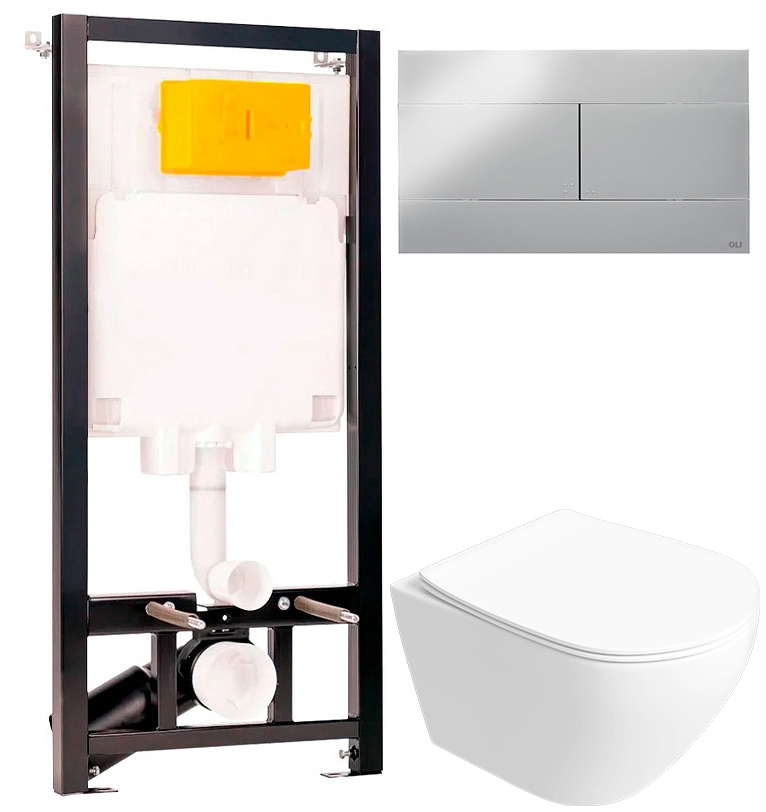 Комплект 5 в 1: Инсталляция OLI 80 ECO + Унитаз подвесной Кронборг S28401WH безободковый + Сиденье с микролифтом + Кнопка slim хром + Крепления