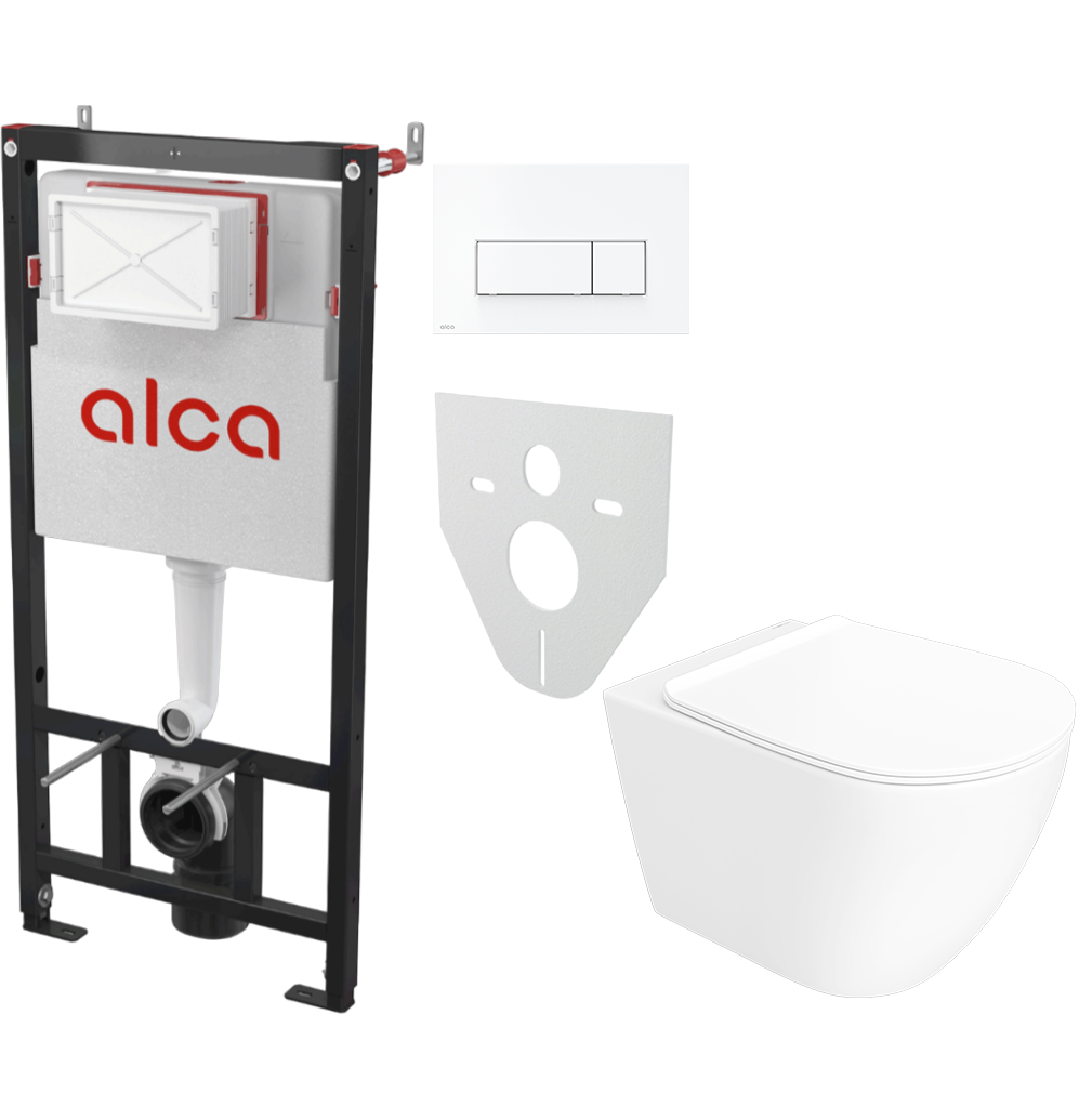 Комплект 4 в 1: Инсталляция AlcaPlast AM101/1120-4:1 M570-VE-01 + Унитаз подвесной STWORKI Готланд S13401WH + Кнопка белая + Комплект шумоизоляции, креплений