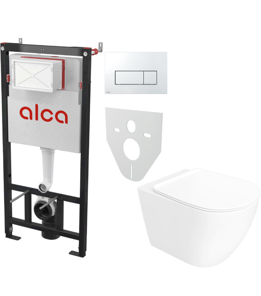 Комплект 4 в 1: Инсталляция AlcaPlast AM101/1120-4:1 RU M571-0001 + Унитаз подвесной STWORKI Готланд S13401WH + Кнопка хром глянец + Комплект шумоизоляции, креплений