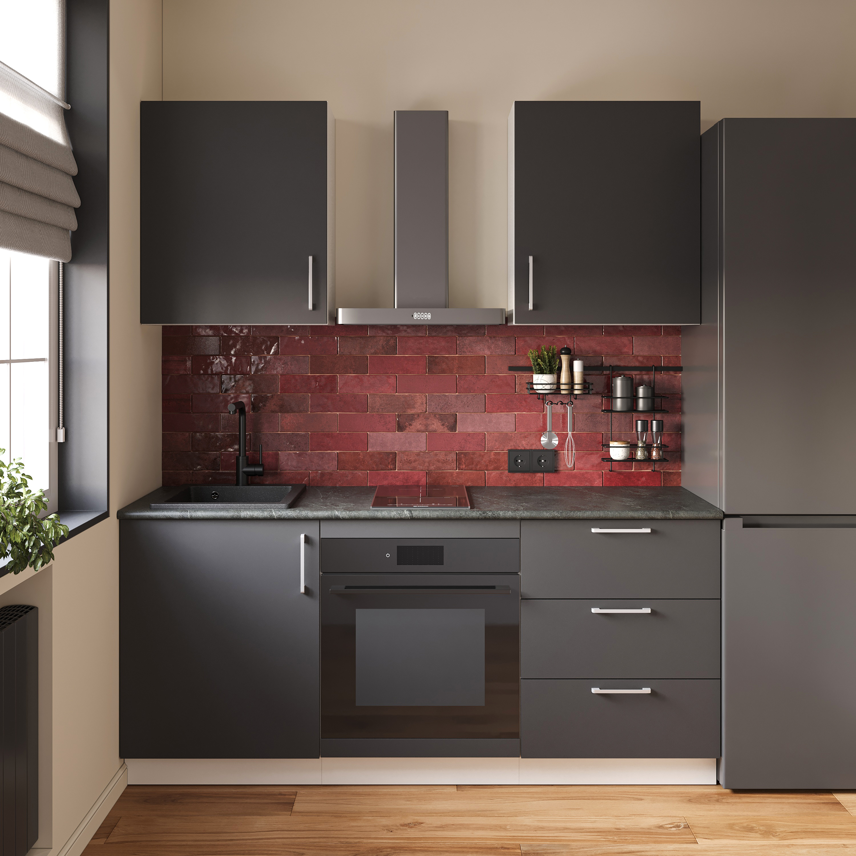 Кухонный гарнитур Domaci Болонья 180 см, фасад графит, ручка хром, столешница луна KUH-767514