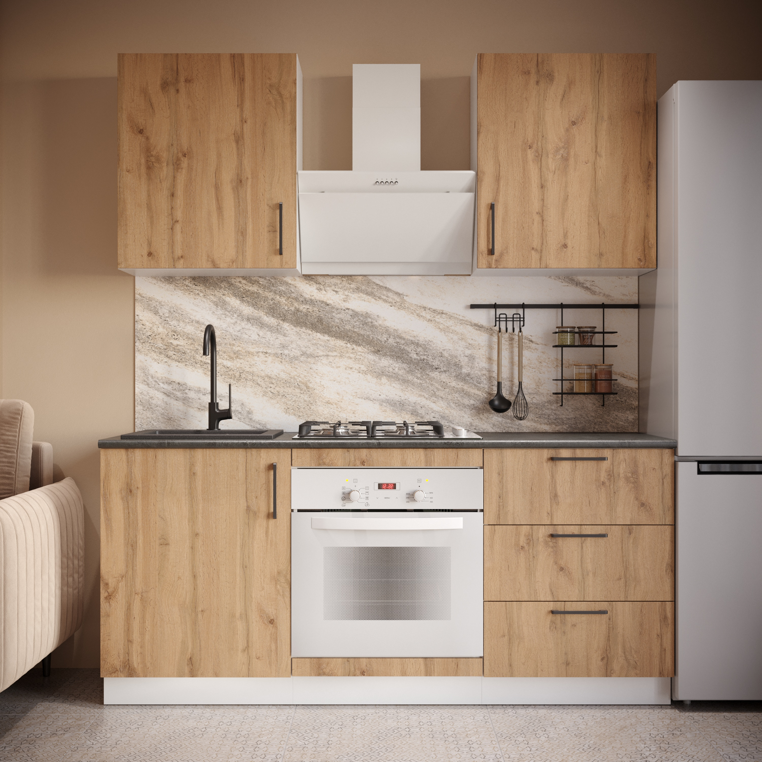 Кухонный гарнитур Domaci Болонья 180 см, фасад дуб вотан, ручка черная, столешница луна KUH-767516