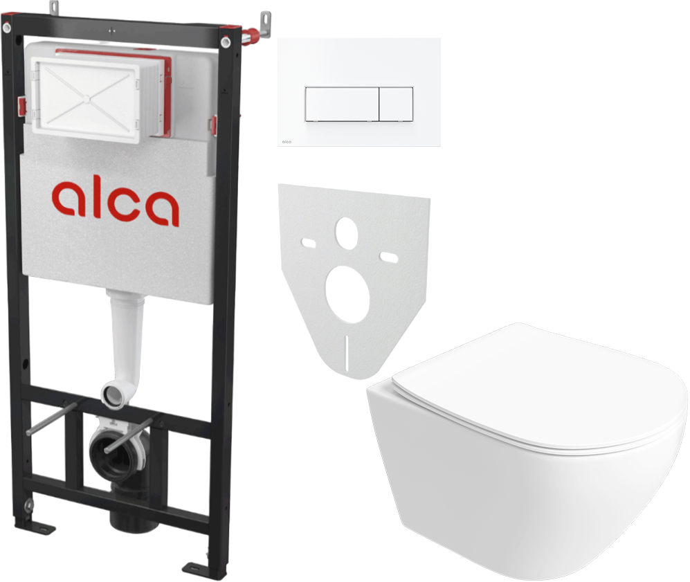 Комплект 6 в 1: Инсталляция AlcaPlast AM101/1120 + Унитаз подвесной Кронборг S28401WH безободковый + Сиденье с микролифтом + Кнопка белая + Комплект шумоизоляции, креплений