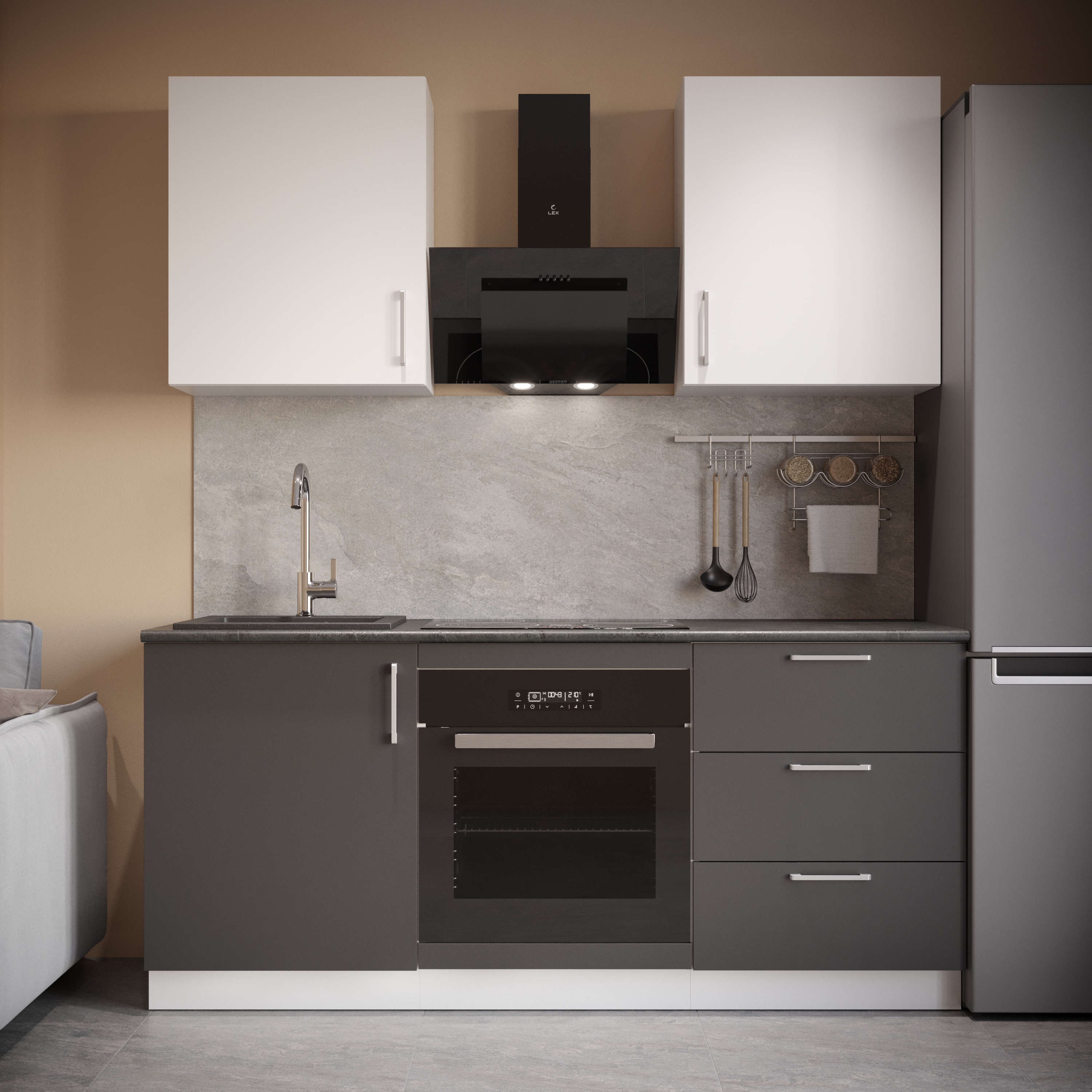 Кухонный гарнитур Domaci Болонья 180 см, фасад графит, белый, ручка хром, столешница луна KUH-767519