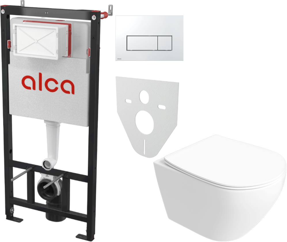 Комплект 6 в 1: Инсталляция AlcaPlast AM101/1120 + Унитаз подвесной Кронборг S28401WH безободковый + Сиденье с микролифтом + Кнопка хром + Комплект шумоизоляции, креплений