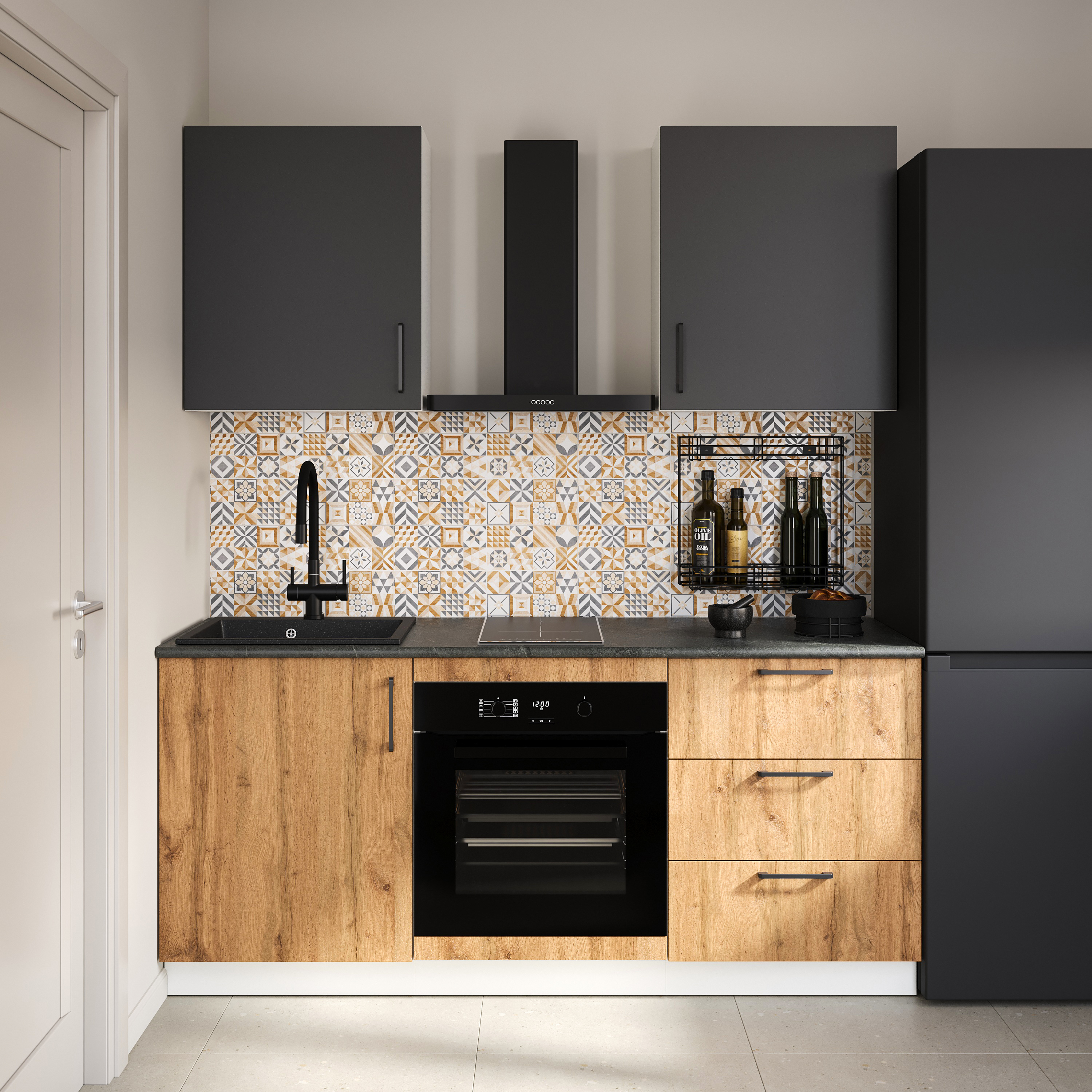 Кухонный гарнитур Domaci Болонья 180 см, фасад дуб вотан, графит, ручка черная, столешница луна KUH-767520