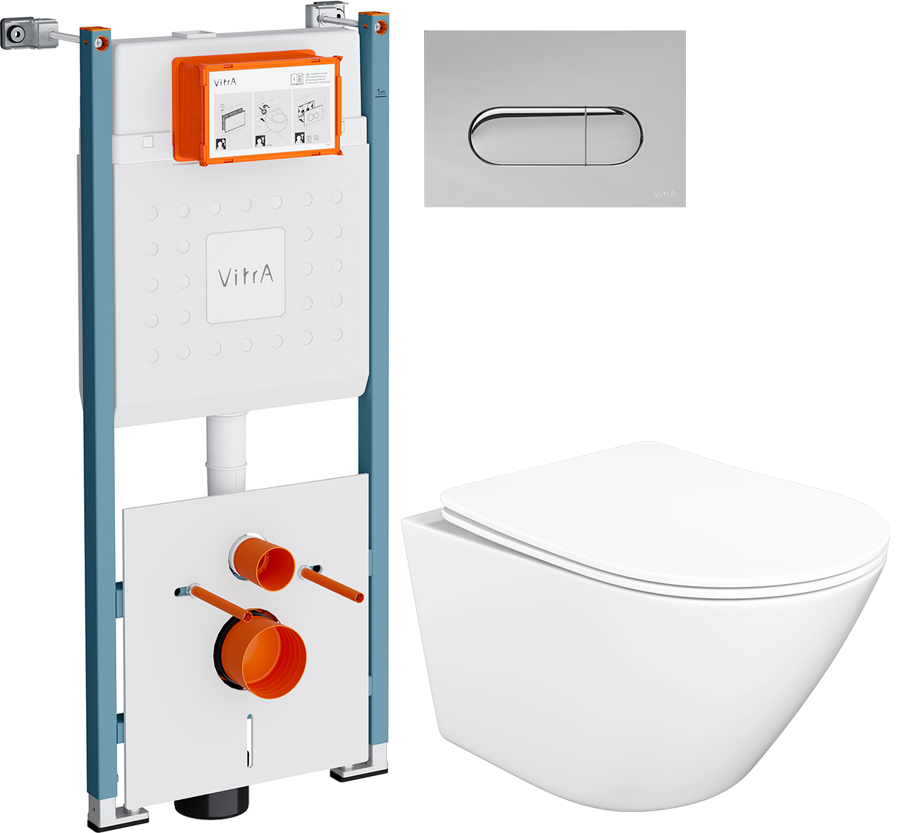 Комплект 3 в 1 Унитаз подвесной STWORKI Левангер S07401WH безободковый, смыв Торнадо, с микролифтом, антивсплеск + Инсталляция VitrA V-Fix Core 732-5800-01PV + Кнопка Root Round 740-2280 цвет хром