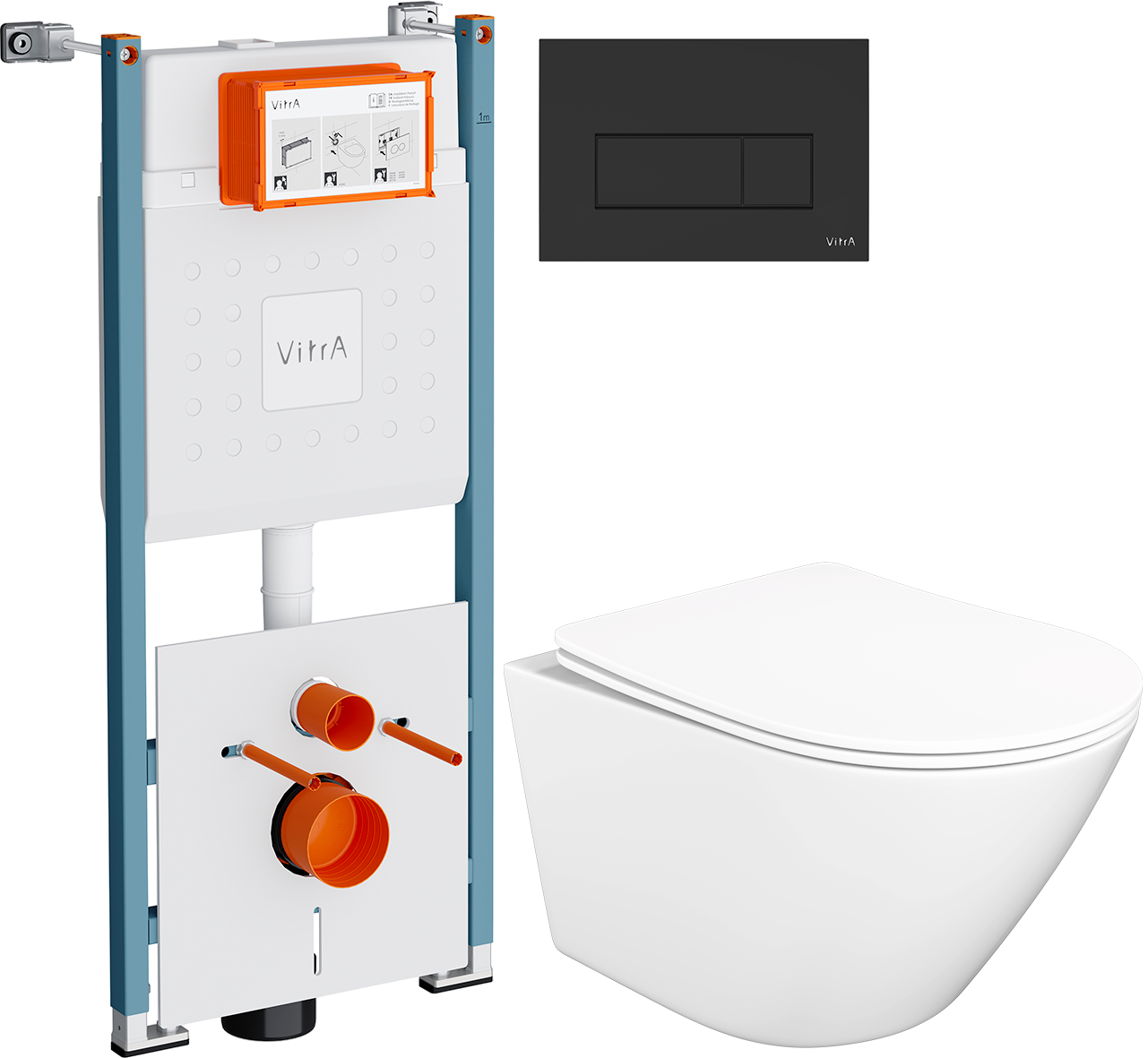 Комплект 3 в 1 Унитаз подвесной STWORKI Левангер S07401WH безободковый, смыв Торнадо, с микролифтом, антивсплеск + Инсталляция VitrA V-Fix Core 732-5800-01PV + Кнопка Root Square 740-2311 цвет матовый черный