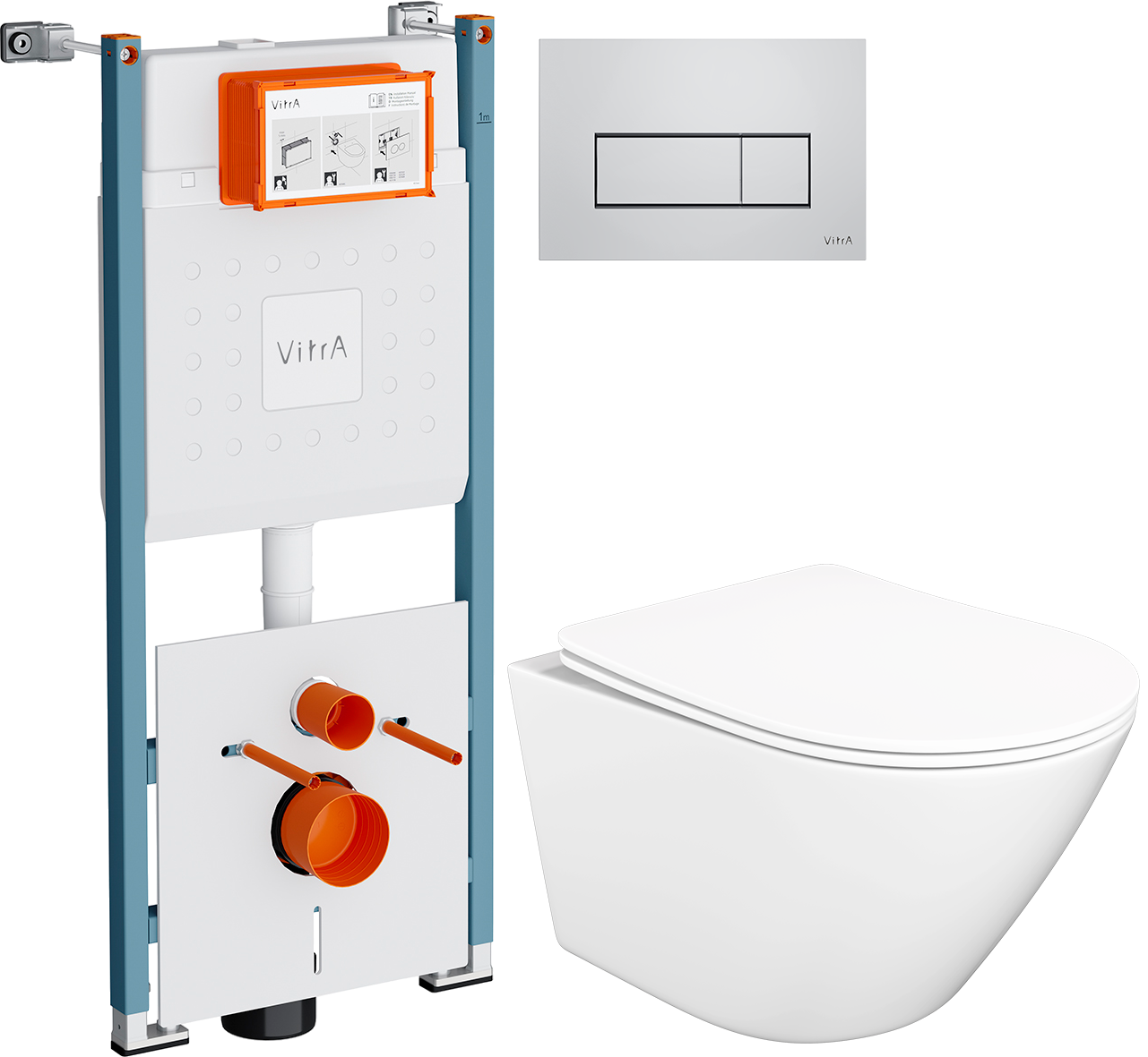 Комплект 3 в 1 Унитаз подвесной STWORKI Левангер S07401WH безободковый, смыв Торнадо, с микролифтом, антивсплеск + Инсталляция VitrA V-Fix Core 732-5800-01PV + Кнопка Root Square 740-2380 цвет хром